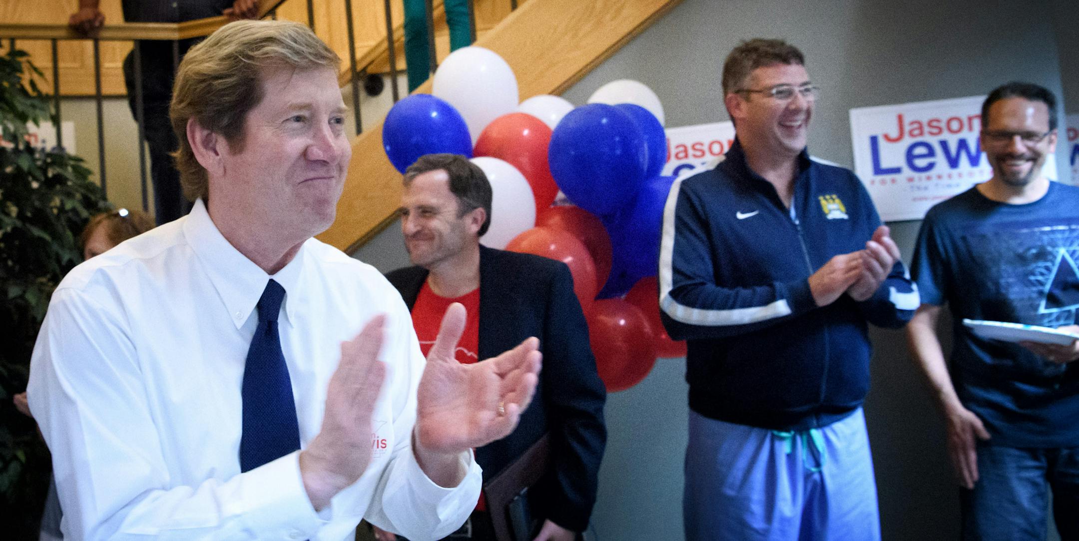 Four Republicans are vying for the open 2nd Congressional District seat. Among them are Jason Lewis,who greeted supporters in Burnsville.