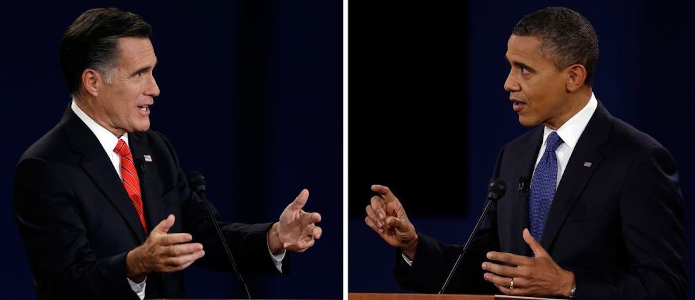 In a photo combo, President Barack Obama, right, and Republican presidential nominee Mitt Romney speak during the first presidential debate at the University of Denver, Wednesday, Oct. 3, 2012, in Denver.