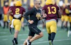 Gophers coach P.J. Fleck took to the field during Gophers football practice at Gibson-Nagurski Football Complex.