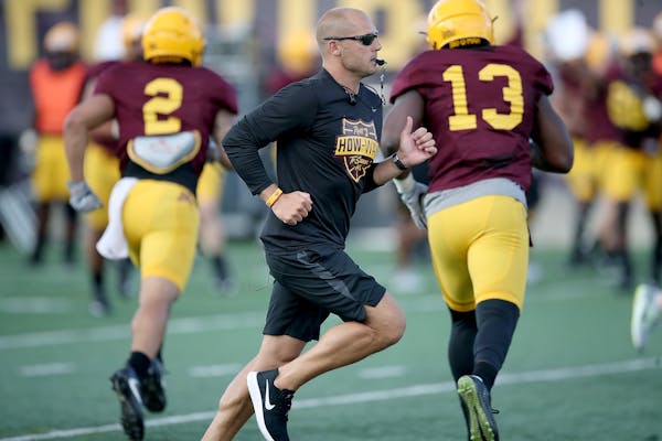 Gophers coach P.J. Fleck took to the field during Gophers football practice at Gibson-Nagurski Football Complex.