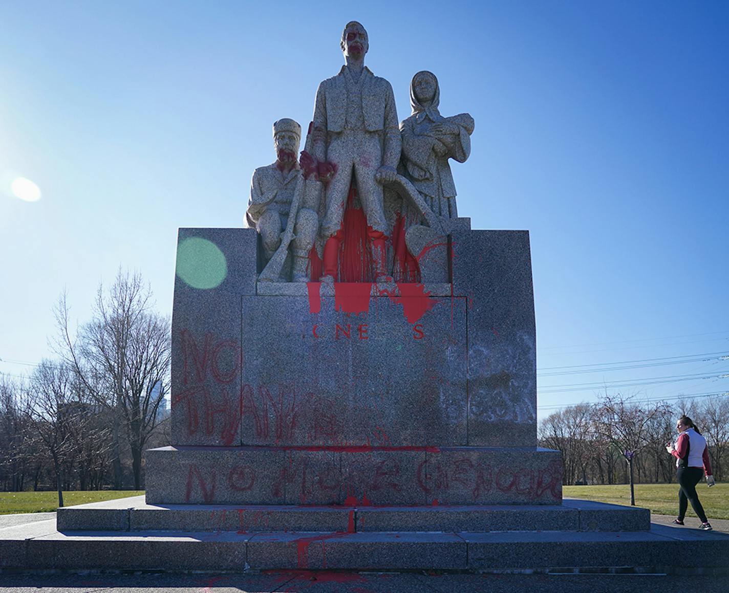 Vandals damaged the Pioneers statue in B.F. Nelson Park in Minneapolis.