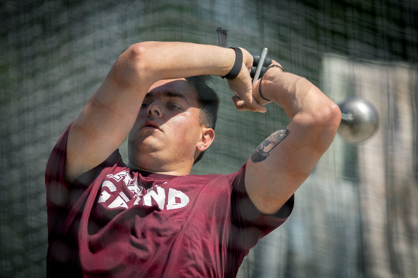 University of Minnesota's Kostas Zaltos practices near the University in Minneapolis, Minn., on Wednesday, May 31, 2023. The Greece native is one of the nation's best in the hammer throw heading into the NCAA championships, which begin June 7 in Austin, Texas. ] Elizabeth Flores • liz.flores@startribune.com