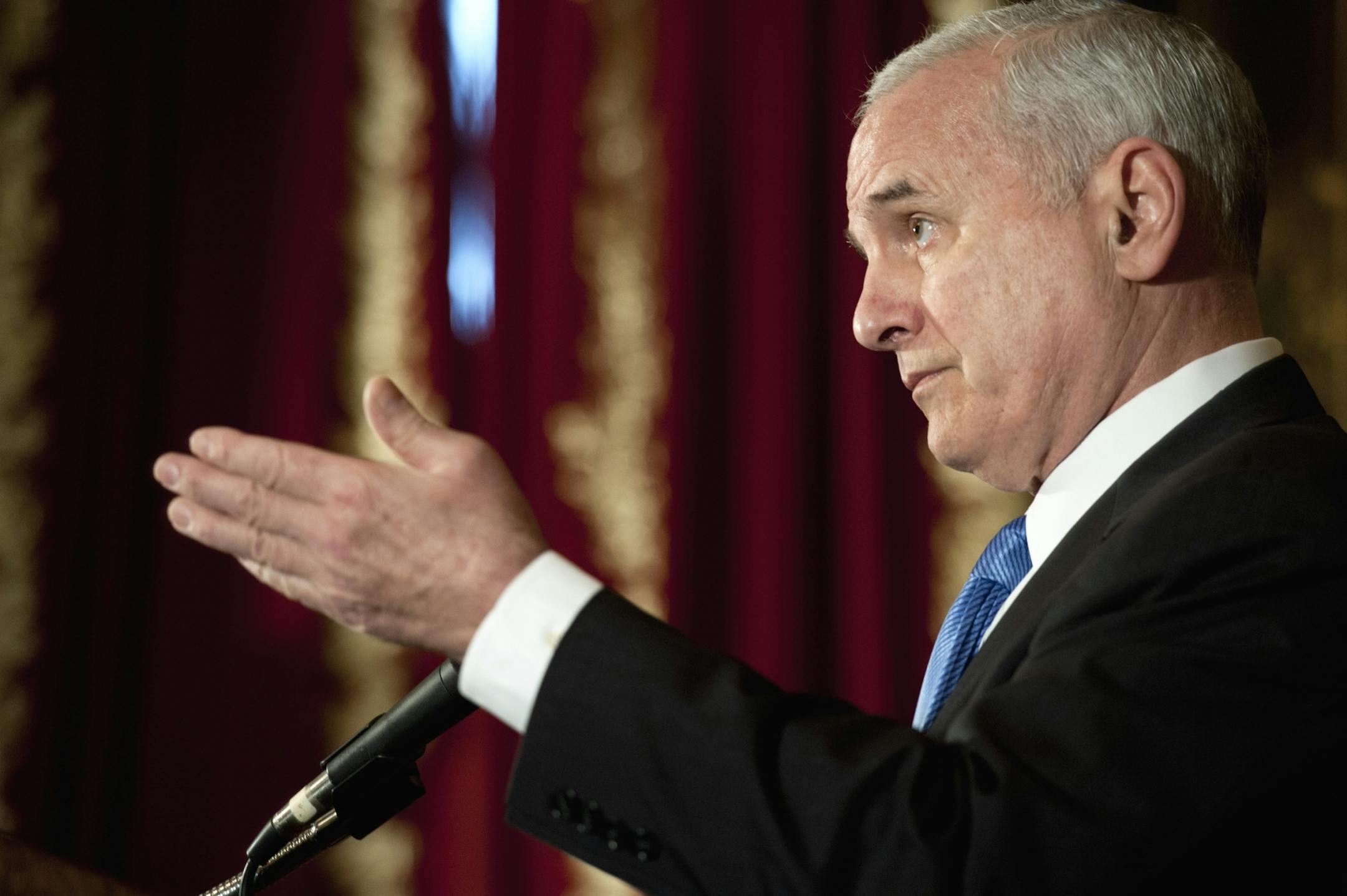 Minnesota Governor Mark Dayton spoke to reporters answering questions about the stadium and other issues on the first day of the state legislature, January 24, 2012.