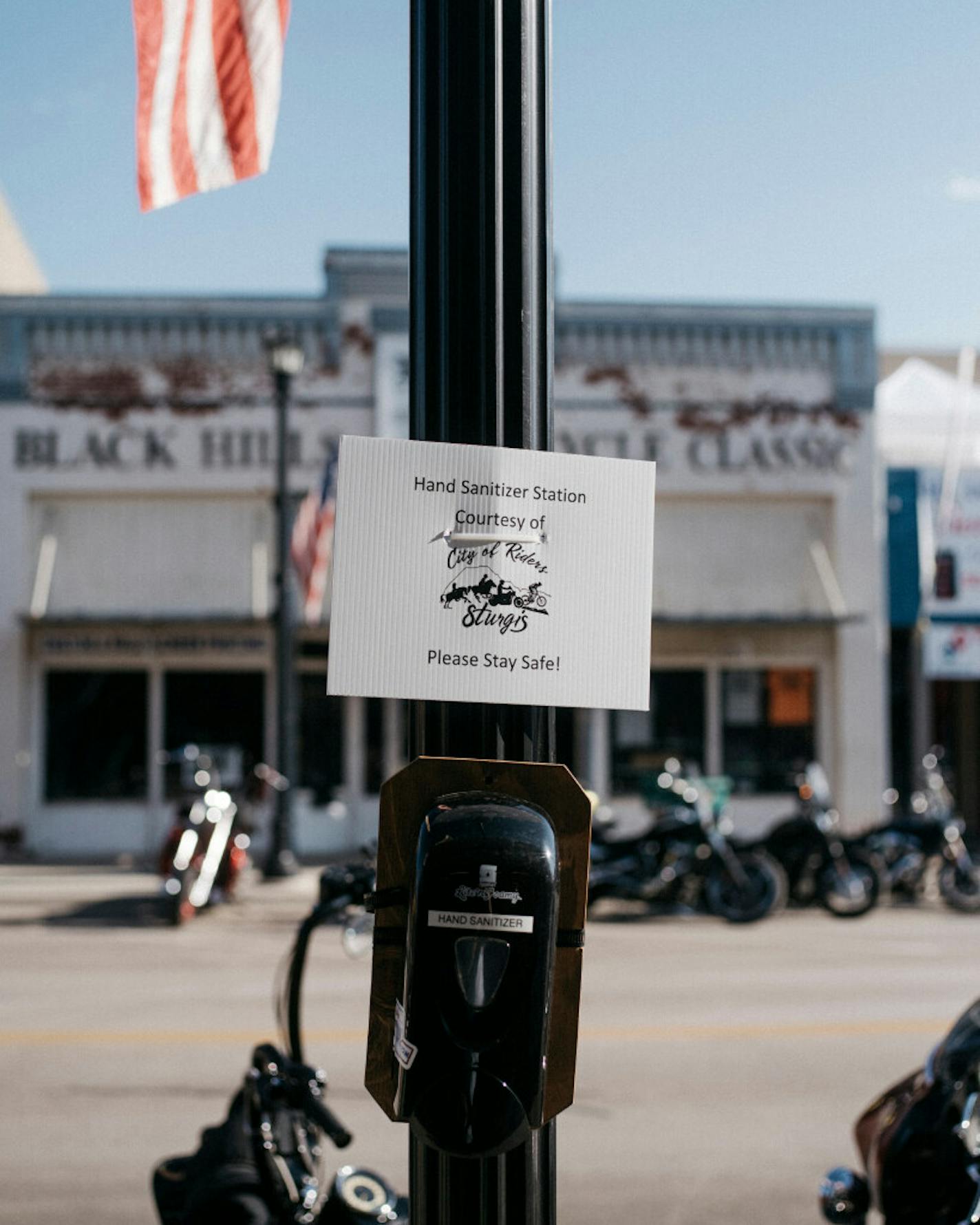 A hand sanitizer station at the annual Sturgis Motorcycle Rally in Sturgis, S.D., Aug. 7, 2020.