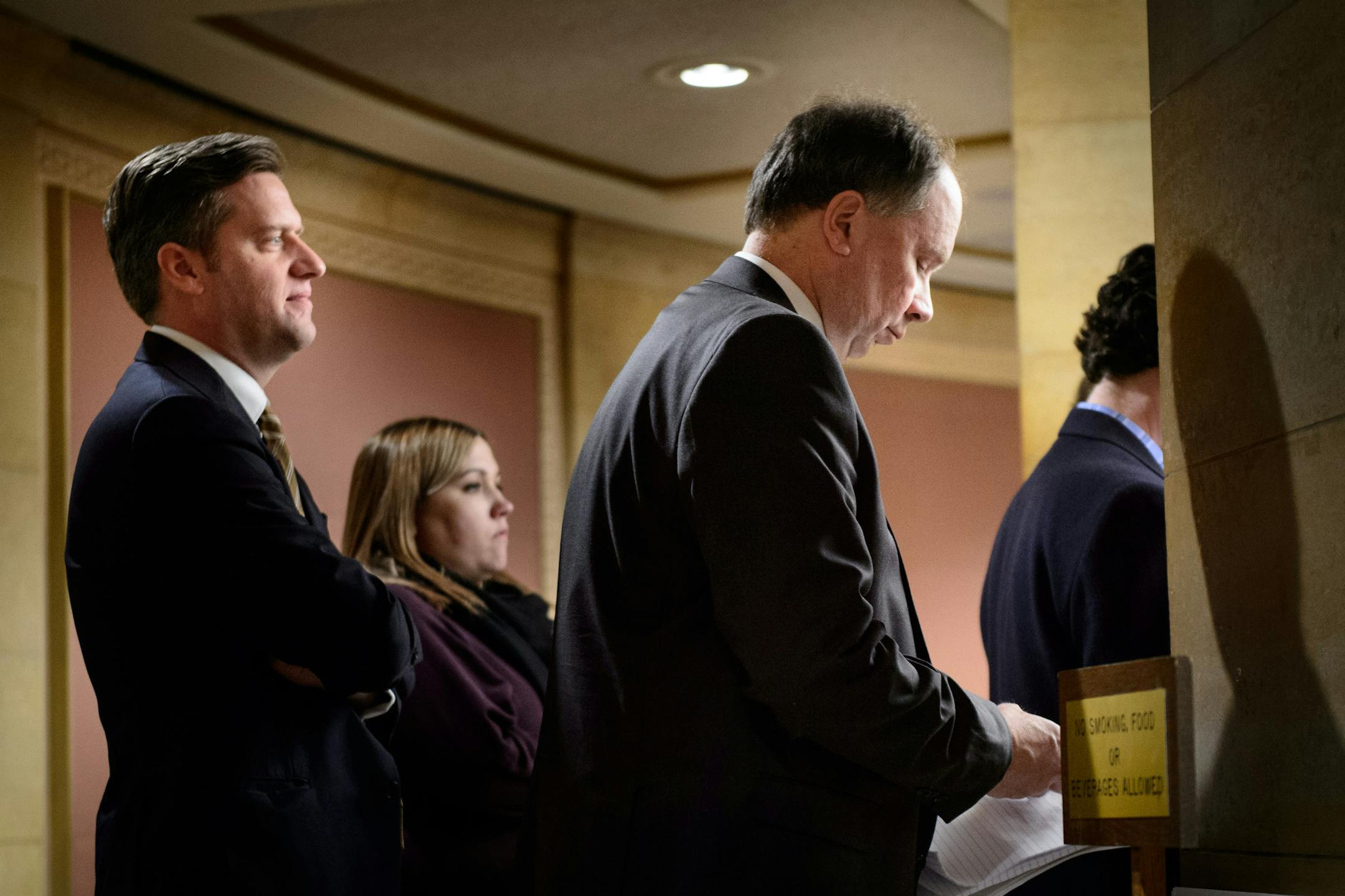 House Speaker Kurt Daudt and Jim Knoblach, R-St. Cloud and chairman of the House Ways and Means committee listened to the Governor talk about the budget surplus. Republican lawmakers called on the governor to return most of the surplus to taxpayers and end the call for a gas tax to fund transportation improvements. ] GLEN STUBBE * gstubbe@startribune.com Friday, February 27, 2015