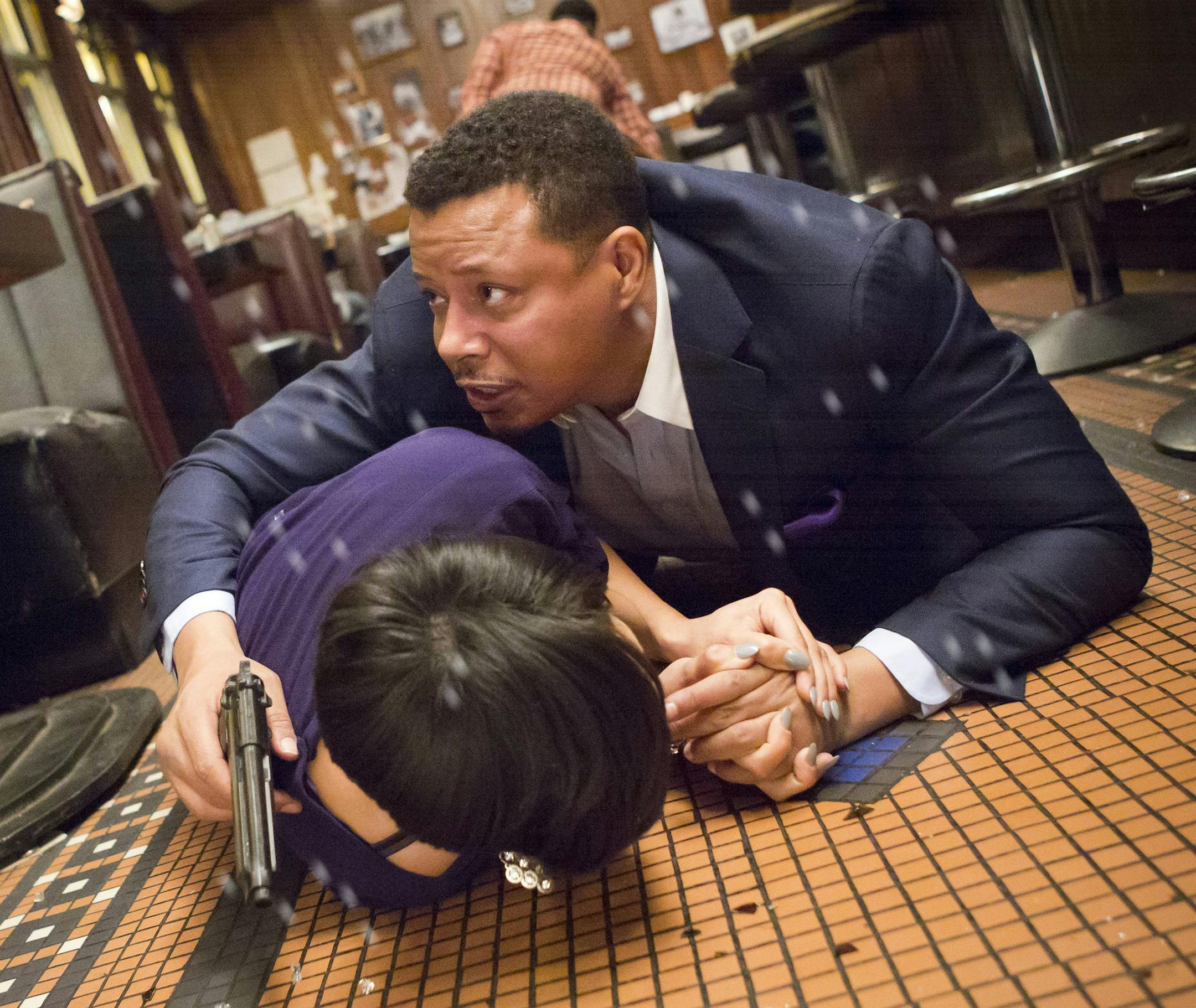 EMPIRE: Lucious (Terrence Howard, R) protects Anika in the "False Imposition" episode of EMPIRE.