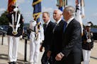 Vice President Mike Pence, center, is greeted by Deputy Secretary of Defense Pat Shanahan, left, and Secretary of Defense Jim Mattis before speaking a