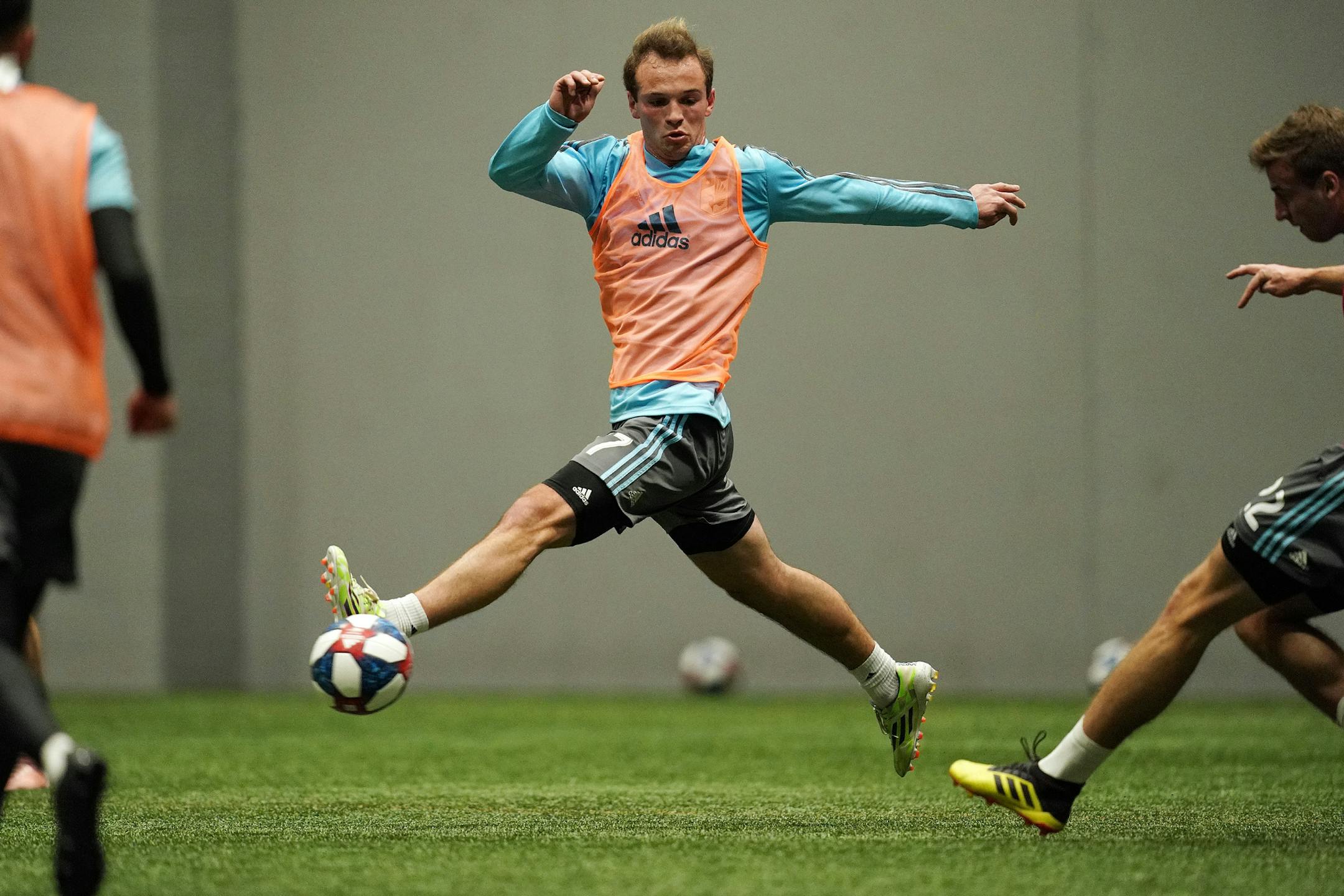New draft pick Chase Gasper, left, leapt out to defend during a scrimmage. ] ANTHONY SOUFFLE • anthony.souffle@startribune.com Minnesota United held their first day of training camp Tuesday, Jan. 22, 2019 at their practice facility in Blaine, Minn. Newly acquired players Jan Gregus and Ozzie Alonso and new draft picks Dayne St. Clair and Chase Gasper joined in the drills.