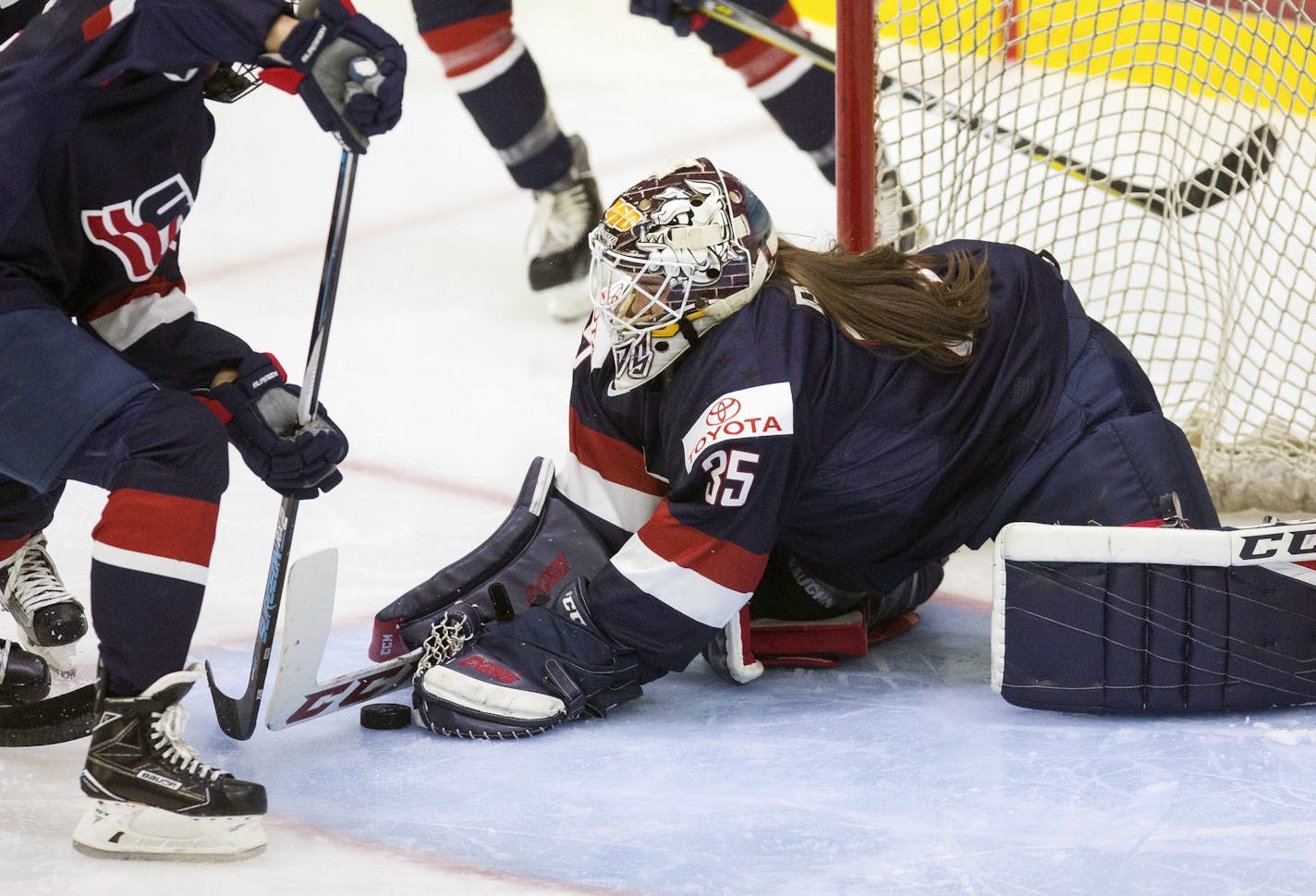 United States goaltender Maddie Rooney makes a save during the second period of the Four Nations Cup hockey game against Finland, Tuesday, Nov. 7, 2017 in Wesley Chapel, Fla. (Loren Elliott Tampa Bay Times via AP)