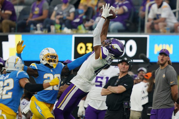 Vikings receiver Justin Jefferson went up for a long pass from Kirk Cousins in the third quarter Sunday vs. the Chargers.