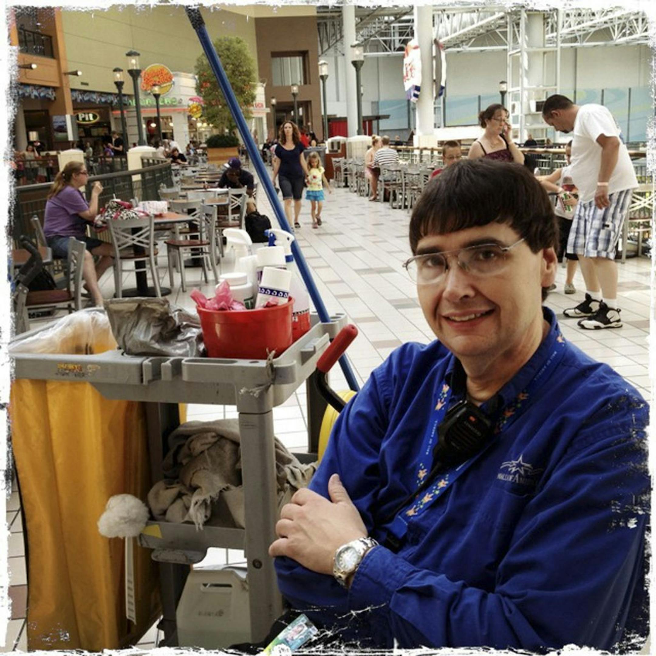 Paul Johnson, a veteran janitor, sat in one of the areas he had been responsible for cleaning for 17 years at the Mall of America in Bloomington Min., Thursday August 2, 2012. Johnson has been working at the Mall since it opened