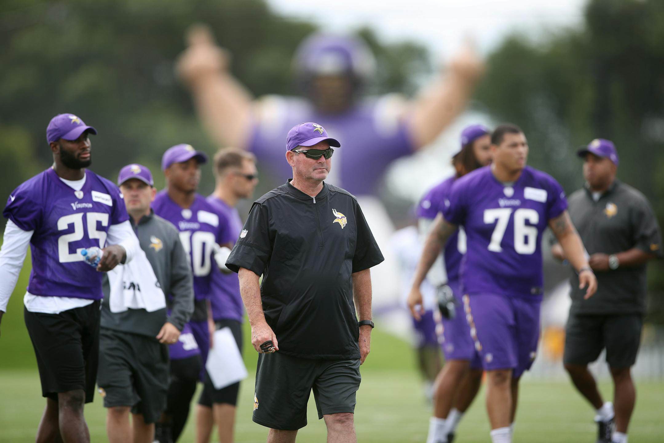Vikings head coach Mike Zimmer walked down the field at Minnesota State University Mankato Monday July 24, 2017 in Mankato , MN.