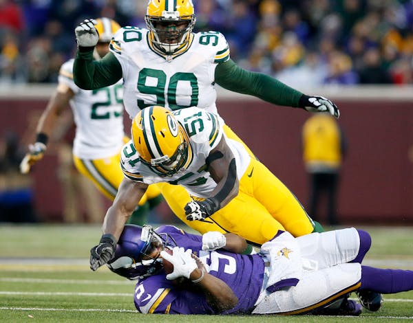 Vikings quarterback Teddy Bridgewater was tackled by Packers linebacker Nate Palmer in the second quarter on Nov. 22.