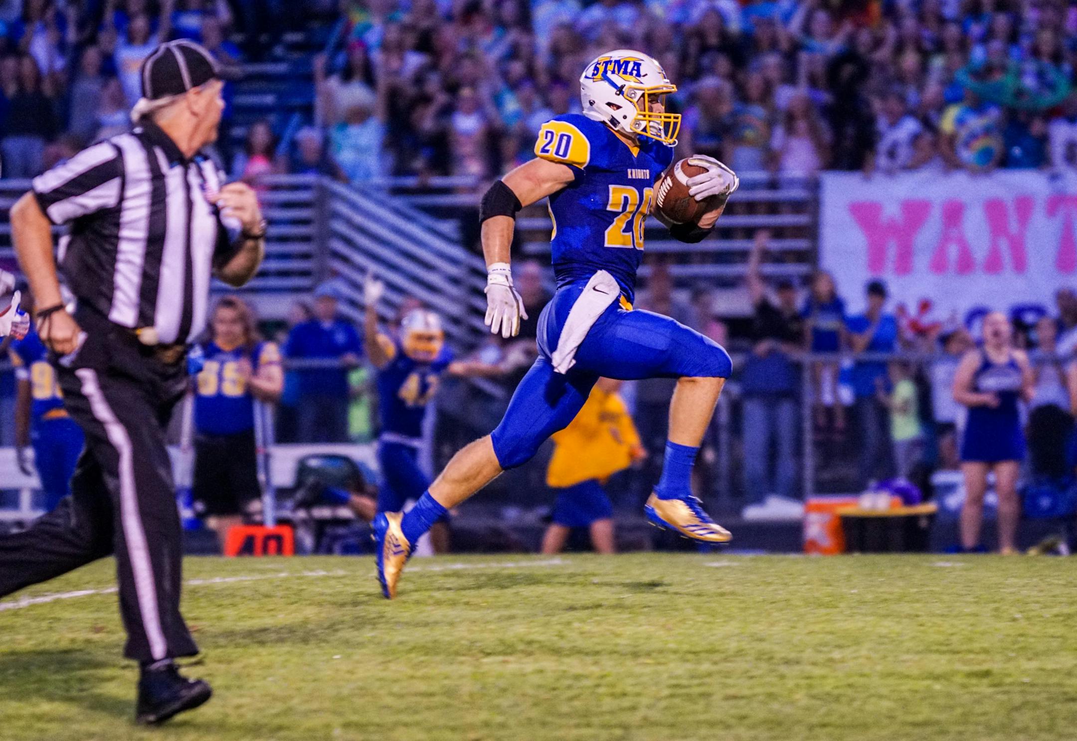 Mitch Kartes ran for three touchdowns in gaining 218 yards on 16 carries against Champlin Park, and also raced 59 yards with an interception for the go-ahead score in the fourth quarter.