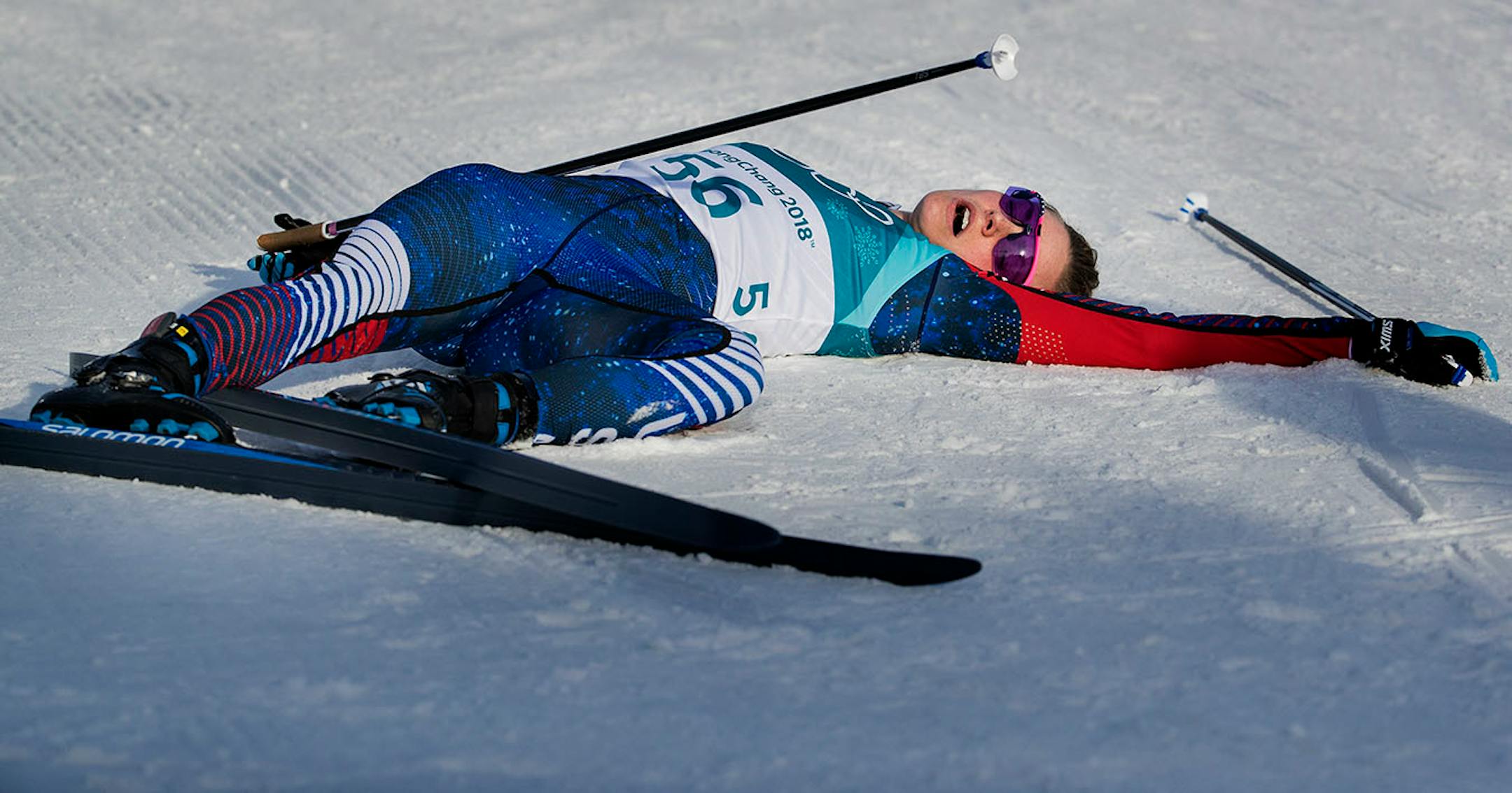 Jessie Diggins of Afton, Minn., catches her breath after finishing fifth in the women's 10km Cross Country freestyle final at Alpensia Cross-Country Centre on Thursday, February 15, 2018, at the Winter Olympics in Pyeongchang, South Korea. (Carlos Gonzalez/Minneapolis Star Tribune/TNS) ORG XMIT: 1223824