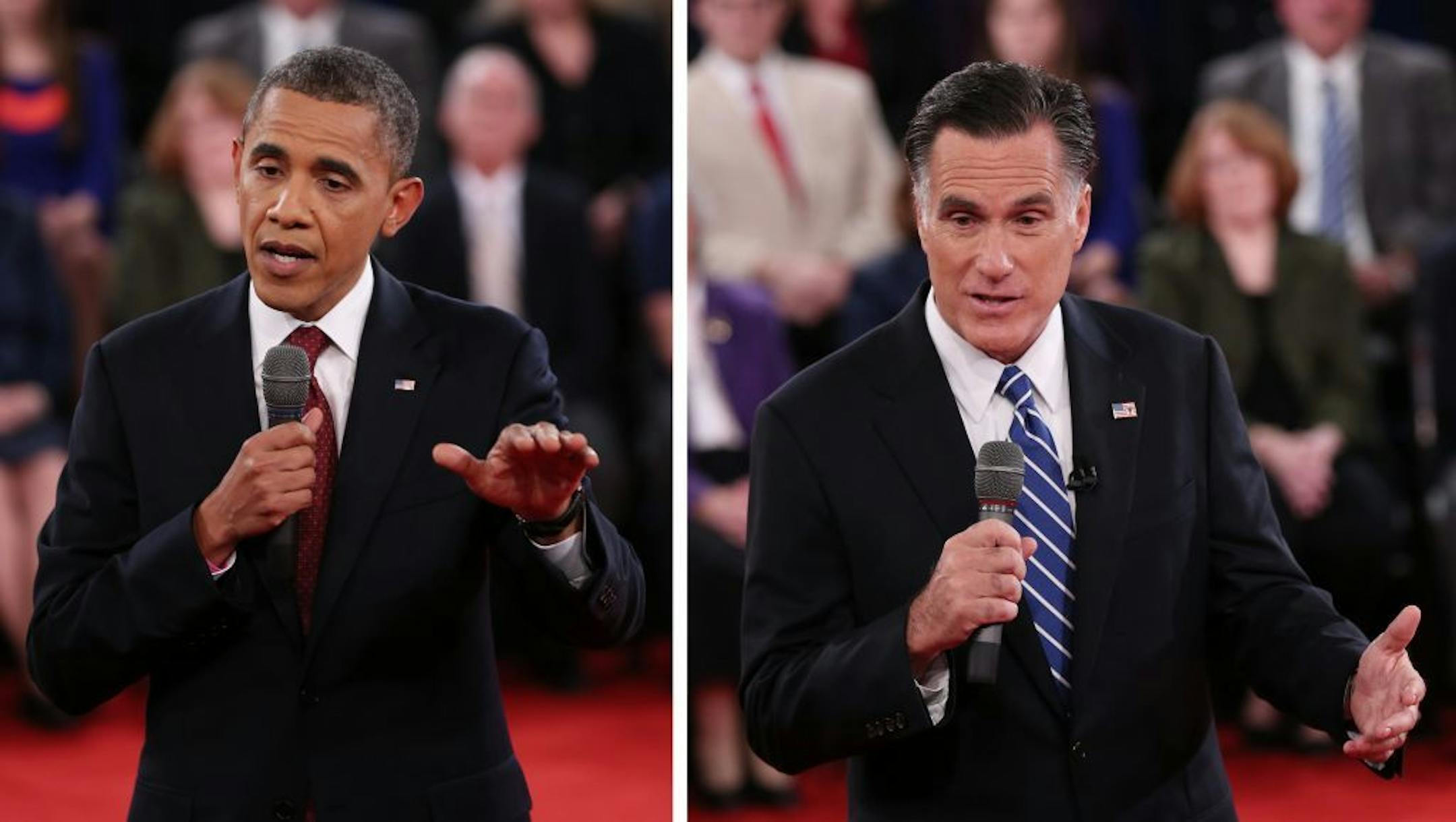 President Barack Obama, left, and Republican presidential nominee Mitt Romney address the audience during the second presidential debate at Hofstra University, Tuesday, Oct. 16, 2012, in Hempstead, N.Y.