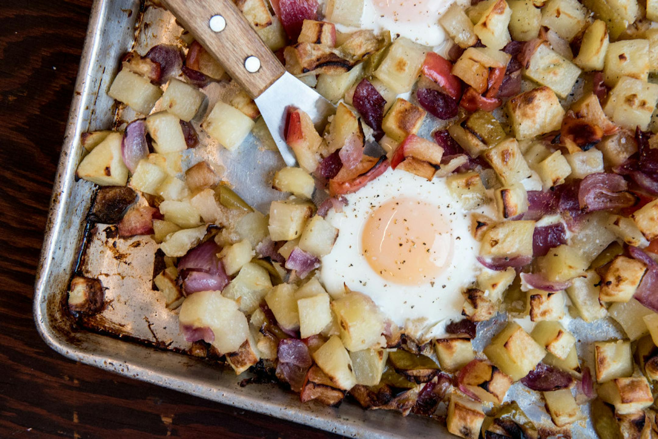 Root Vegetable and Apple Hash Baked With Eggs