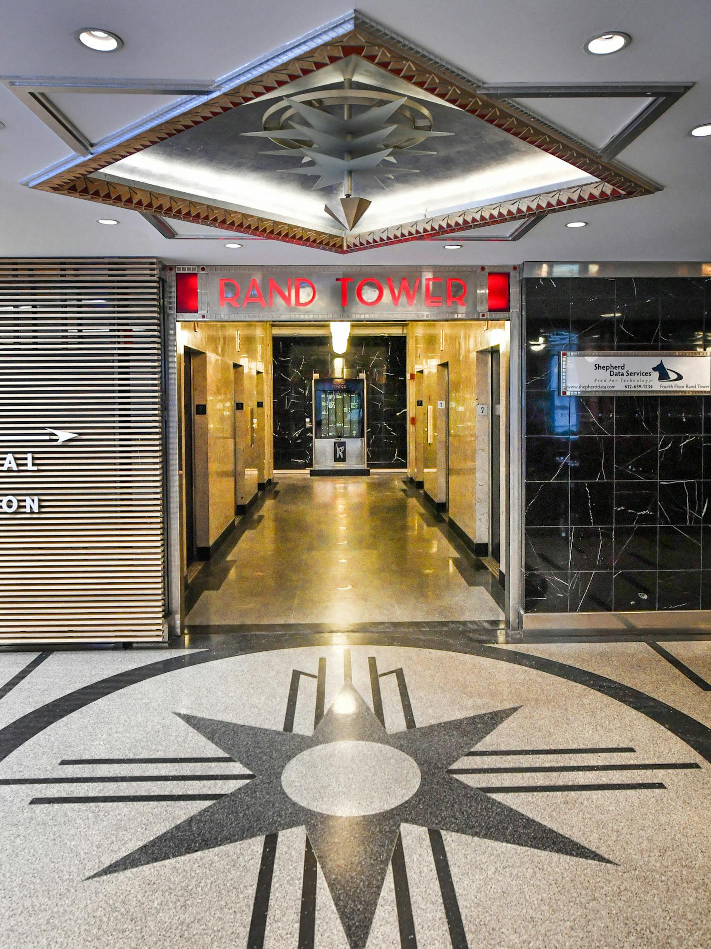 The Rand Tower in downtown Minneapolis entrance to the skyway. ] GLEN STUBBE &#x2022; glen.stubbe@startribune.com Thursday, February 22, 2018 The 26-story Rand Tower in downtown Minneapolis was completed in 1929. Much of the building is covered in Art Deco ornamentation with an aviation theme. The sculpture in the lobby is Wings by Oskar J. W. Hansen.