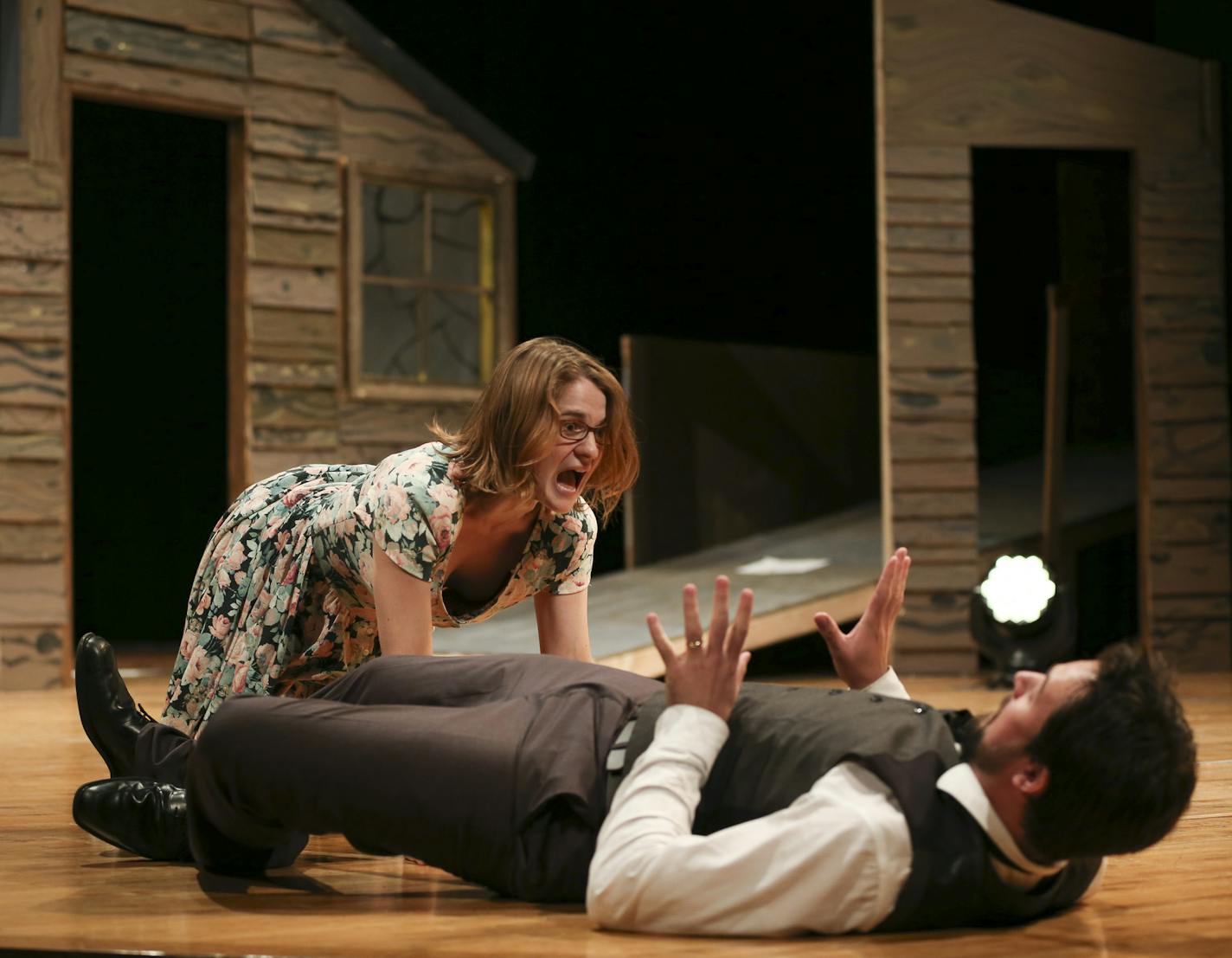 Laura Delventhal and Zak Delventhal in a scene from Delve Theatre's "Two Jokes, One Act: The Boar & The Proposal" Monday night on the Rarig Center Thrust stage in Minneapolis. ] JEFF WHEELER &#xef; jeff.wheeler@startribune.com The Minnesota Fringe Festival held their annual preview on the Rarig Center Thurst stage Wednesday night, July 13, 2015. Thirty acts each had three minutes to preview their shows in the upcoming festival.