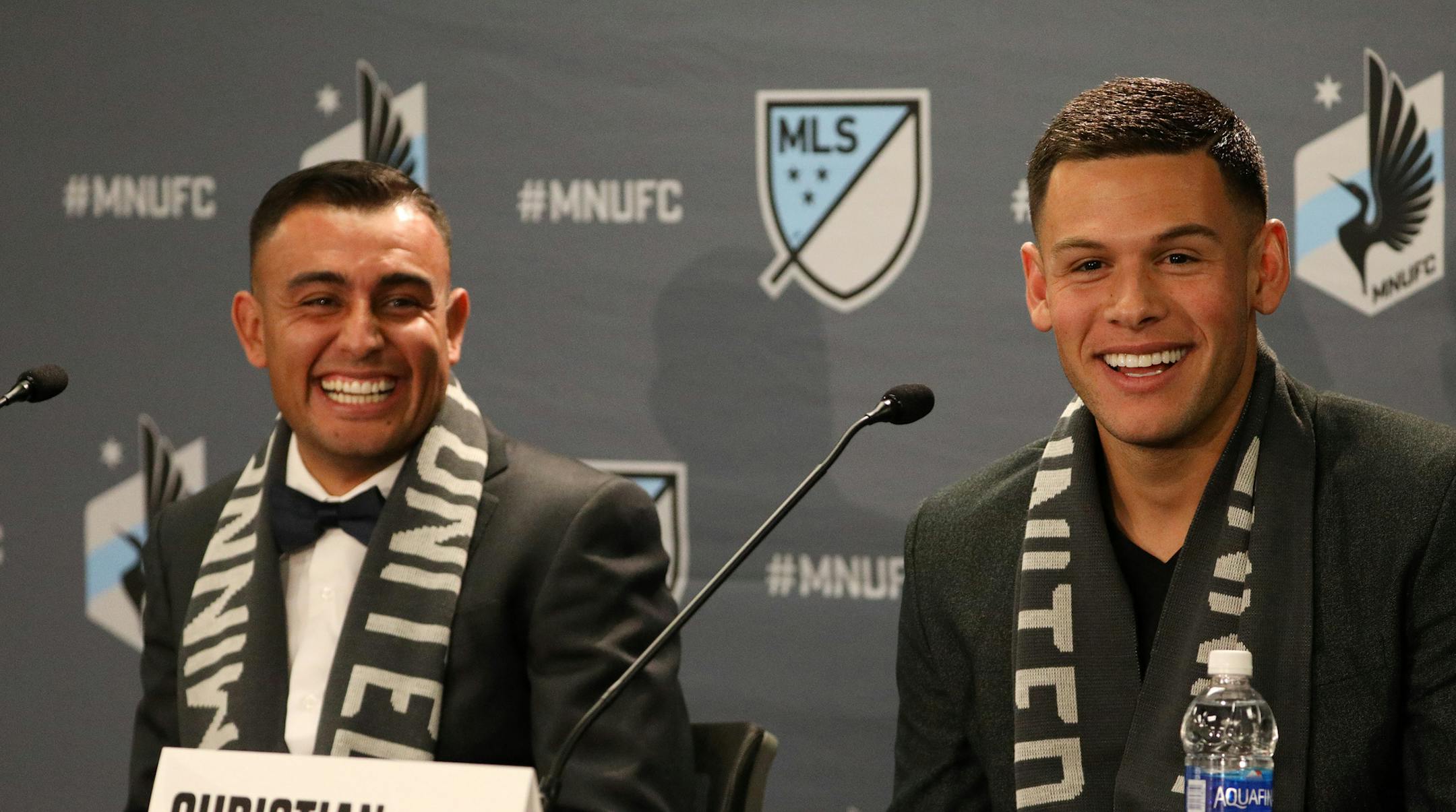 Miguel Ibarra and his newly named teammate Christian Ramirez laughed as they answered questions during a press conference Thursday. ] ANTHONY SOUFFLE • anthony.souffle@startribune.com Miguel Ibarra and Christian Ramirez were announced as the latest additions to the Minnesota United Football Club Thursday, Jan. 5, 2017 at the club's headquarters in Golden Valley, Minn.