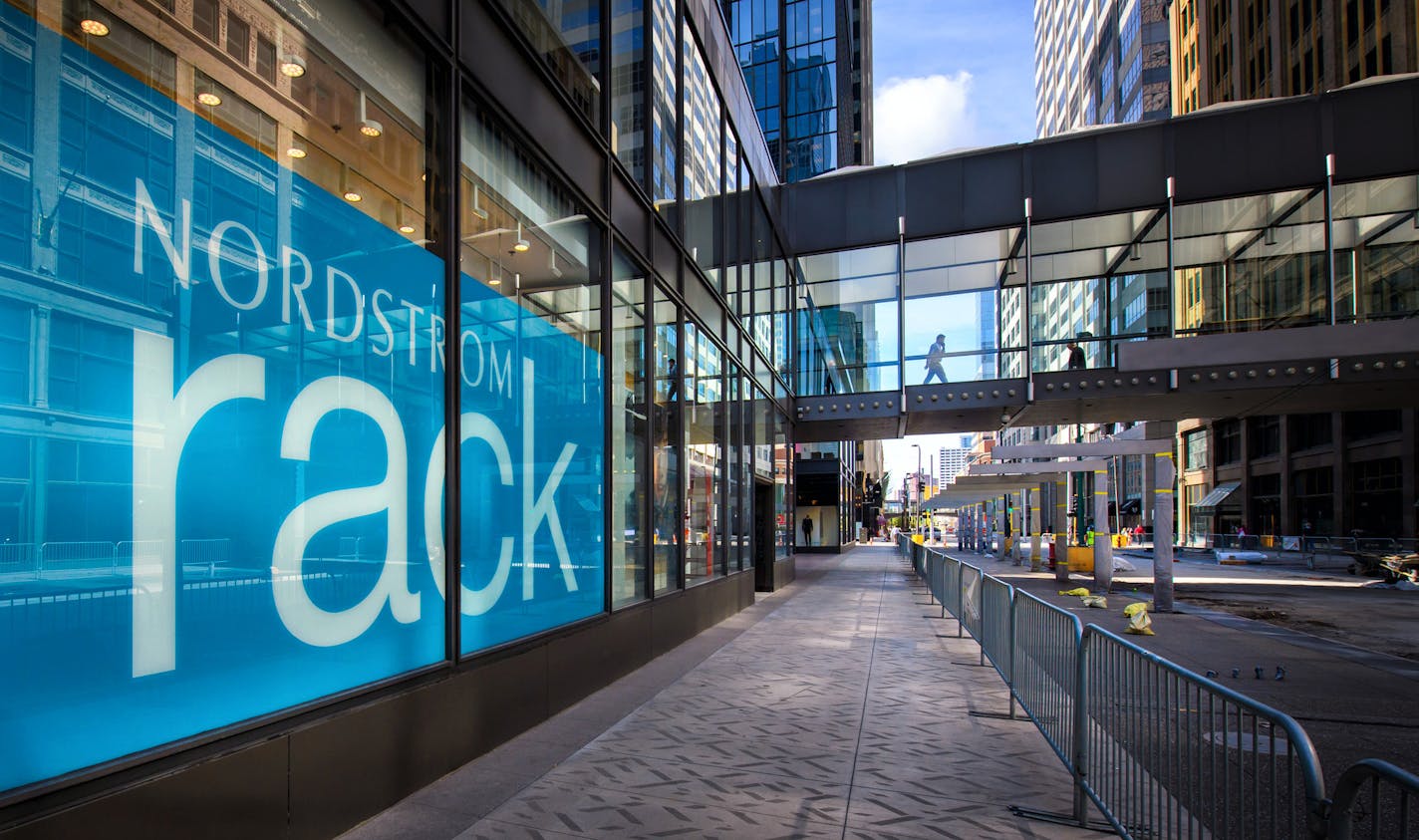 The new Nordstrom Rack opening Thursday in the IDS Center. ] GLEN STUBBE &#xef; glen.stubbe@startribune.com Wednesday September 6, 2017 Nordstrom Rack opens in the IDS Center on Thursday, the 5th Rack outlet in the Twin Cities. What's Happening at this time: Ewoldt will get a tour on Wed., but the store does not open until Thursday. The store is mostly ready. There may be people just straightening aisles. One interesting note is the escalator which will tie together the former Gap space with the