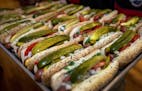 Hot Dogs on a tray to be used for the Hot Dog eating contest between the Minneapolis Fire and Police departments at Chicago's Taste Authority.