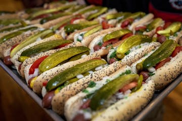 Hot Dogs on a tray to be used for the Hot Dog eating contest between the Minneapolis Fire and Police departments at Chicago's Taste Authority.