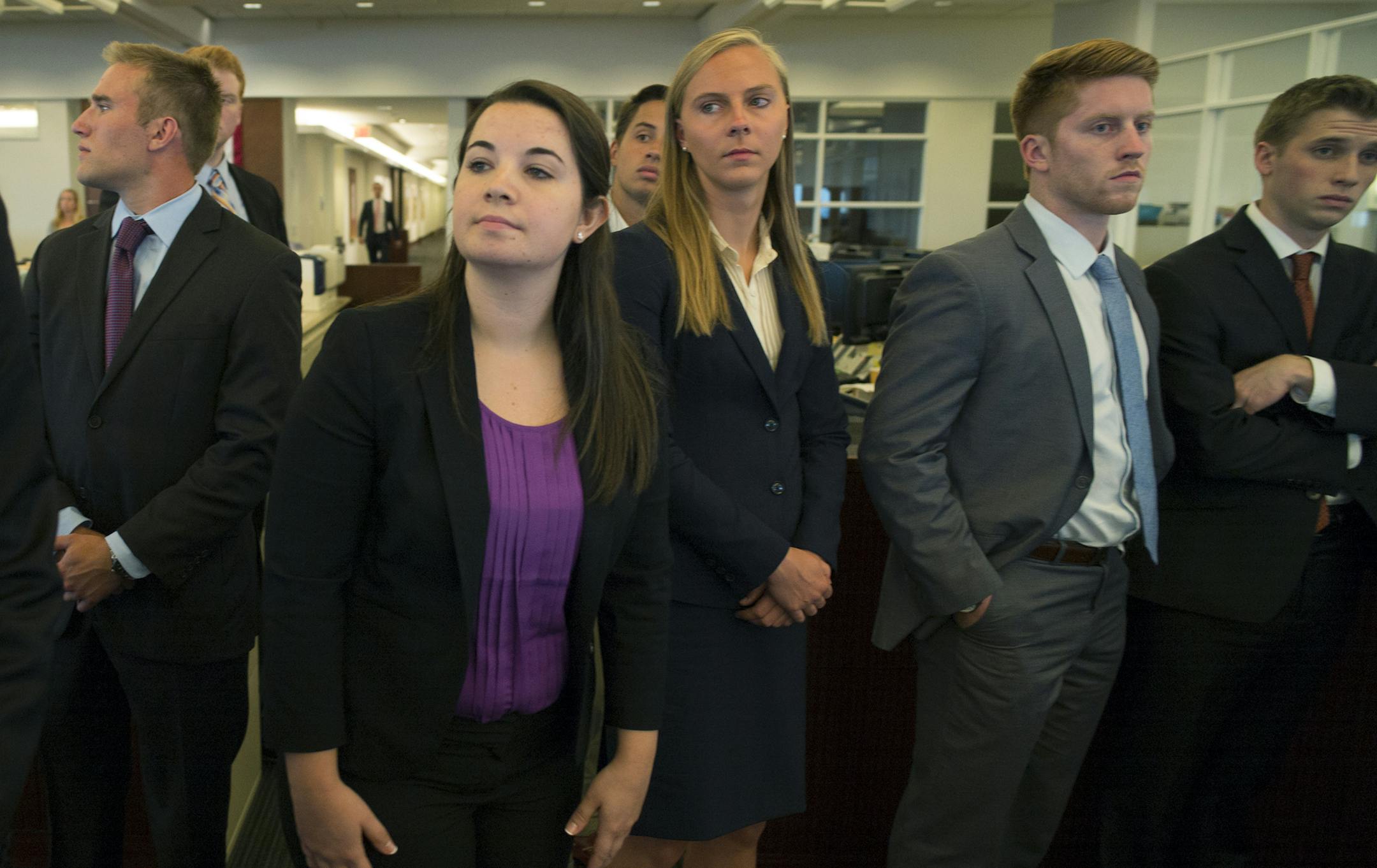 At Piper Jaffray headquarters in downtown Minneapolis, St. Olaf students interested in breaking into the world of finance got a tour of the trading floor and introduction to finance. Students include Sara Anderson and Natalie Bentley.] Richard Tsong-Taatarii/rtsong-taatarii@startribune.com