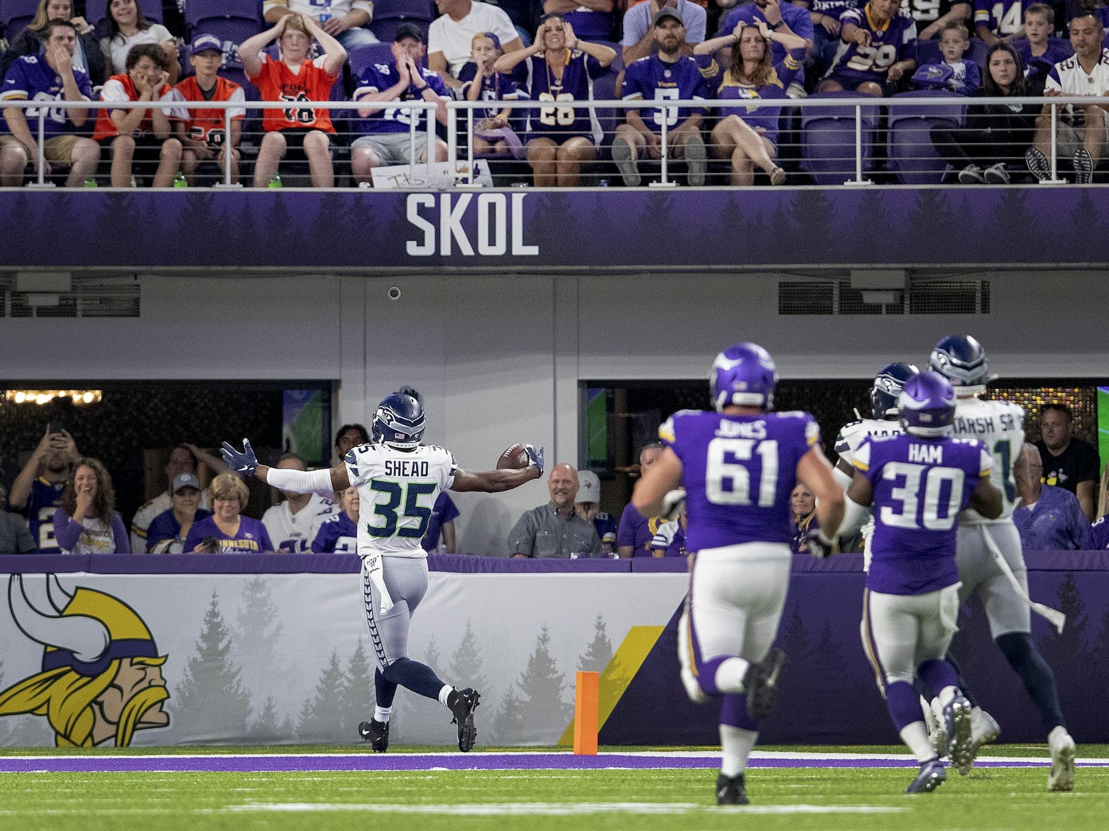 Seattle Seahawks' DeShawn Shead returned an interception for an 88-yard touchdown in the second quarter.