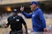 Rangers manager Bruce Bochy yells toward third base umpire Erich Bacchus (not shown) during the seventh inning before getting ejected.