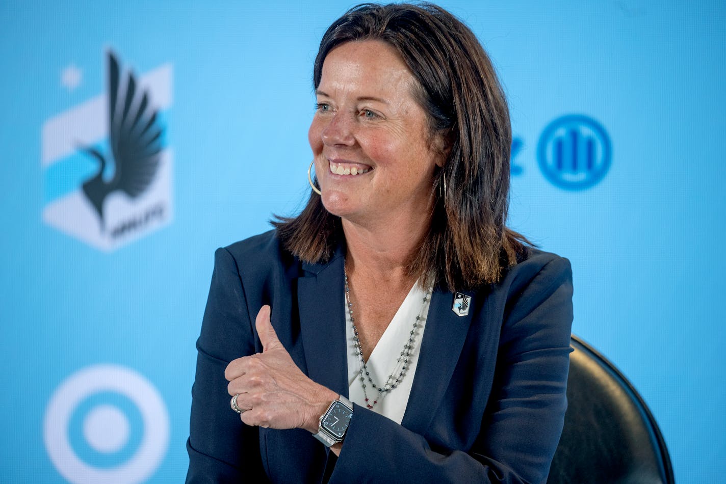 Shari Ballard was all smiles as she gave a thumbs-up after she was introduced as the new CEO of the Minnesota United FC soccer team during a press conference at Allianz Field, Tuesday, August 10, 2021 in St. Paul, MN. ] ELIZABETH FLORES • liz.flores@startribune.com