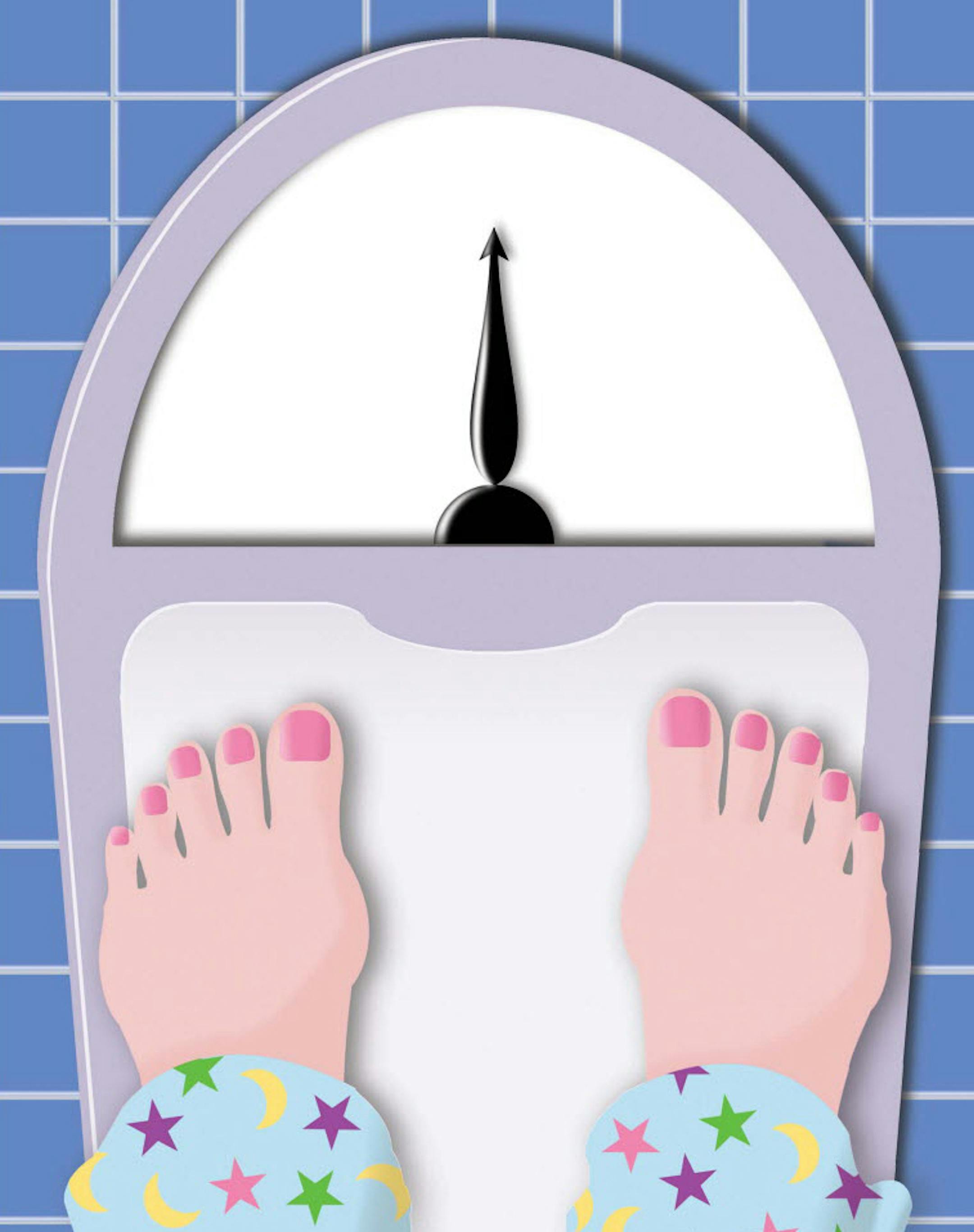 Susan Ballenger color illustration of woman's feet on bathroom scale. The Sacramento Bee ORG XMIT: MIN2013042214372252