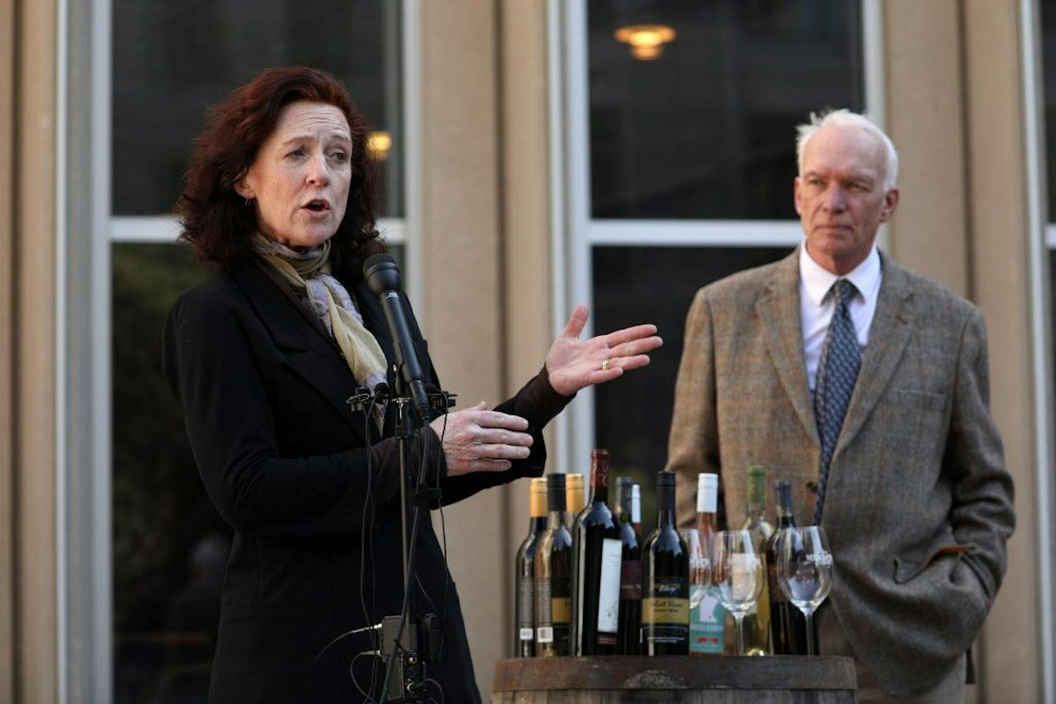 Winemakers Nan Bailly of Alexis Bailly Vineyard and Timothy Tulloch of Next Chapter Winery spoke during a press conference in May 2017 when they announced they were filing a federal lawsuit to ease a nearly 50-year-old state law that stipulates Minnesota farm wineries must use a majority of home-grown grapes in their wine.
