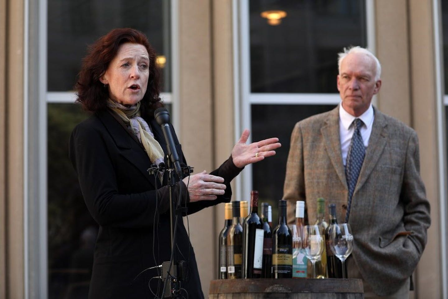 Winemakers Nan Bailly of Alexis Bailly Vineyard and Timothy Tulloch of Next Chapter Winery spoke during a press conference in May 2017 when they announced they were filing a federal lawsuit to ease a nearly 50-year-old state law that stipulates Minnesota farm wineries must use a majority of home-grown grapes in their wine.