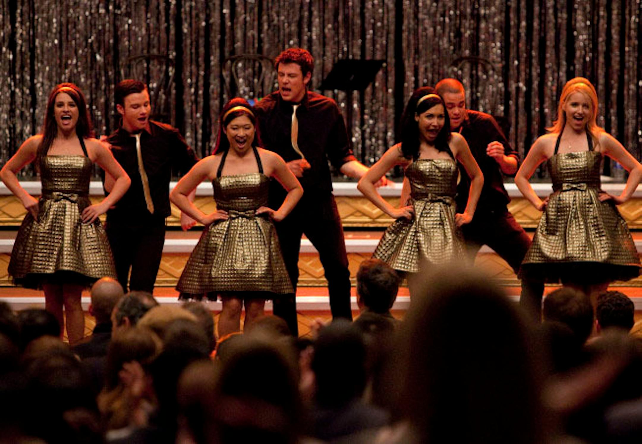 New Directions compete in regional competition on season finale episode of "Glee." Picutred L-R: Lea Michele, Chris Colfer, Jenna Ushkowitz, Cory Monteith, Naya Rivera, Mark Salling and Dianna Agron.