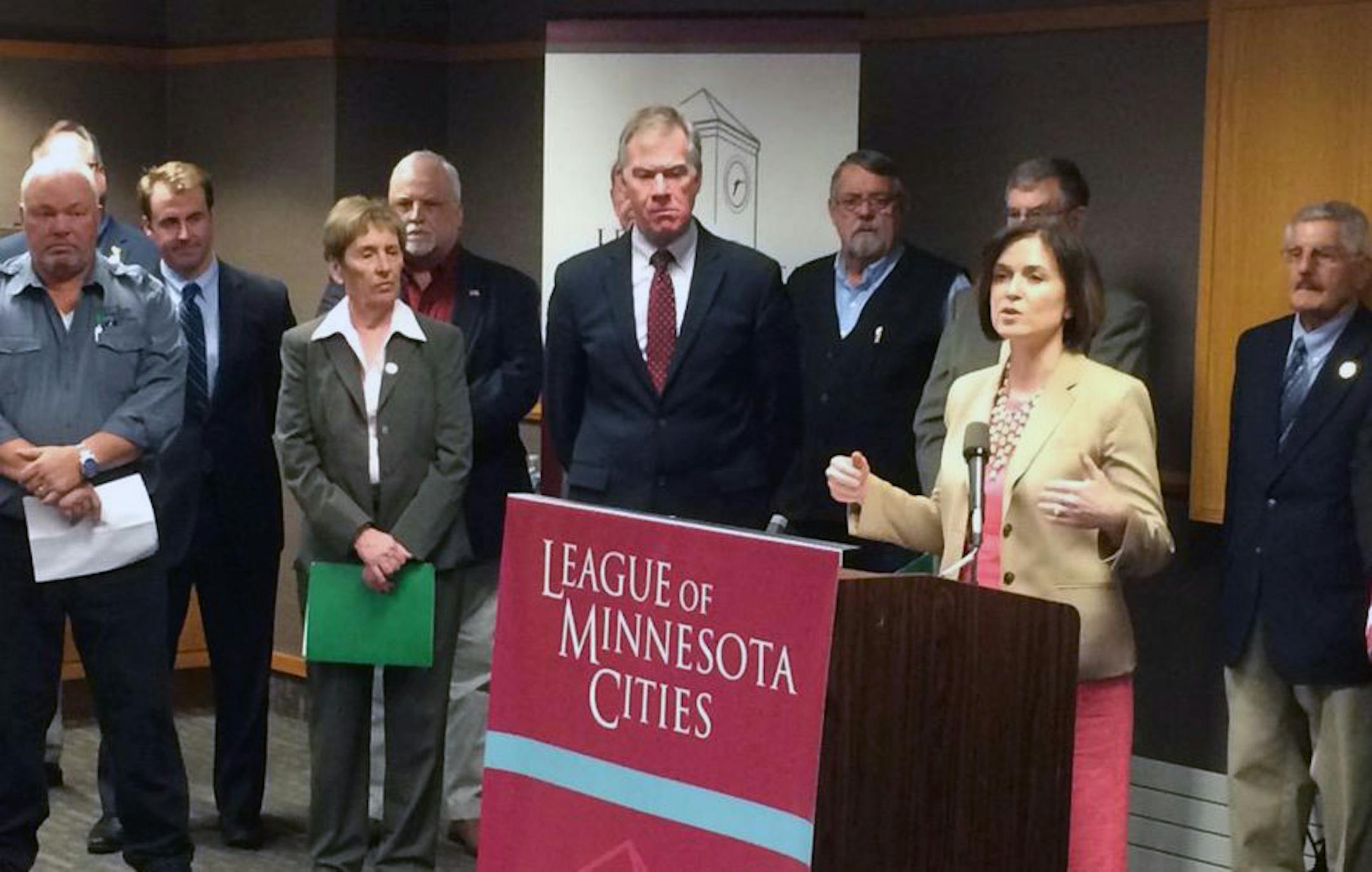 Minneapolis mayor Betsy Hodges speaks at a news conference at the St. Paul office of the League of Minnesota Cities. More than two dozen mayors from Minnesota cities called for dedicated state funding to help them maintain local streets and bridges.