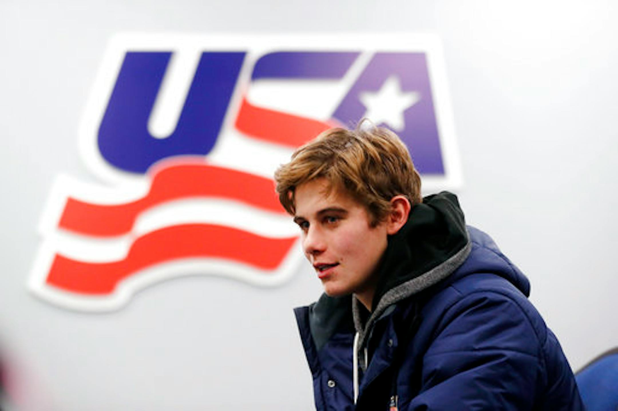 In this Tuesday, Nov. 27, 2018, photo, Jack Hughes, expected to be a top pick in the next NHL hockey draft, is interviewed in Plymouth, Mich. USA Hockey has developed the nation's top players for more than two-plus decades, producing a quartet of No. 1 overall picks in the NHL draft, including Auston Matthews and Patrick Kane. Hughes may be next. (AP Photo/Carlos Osorio)