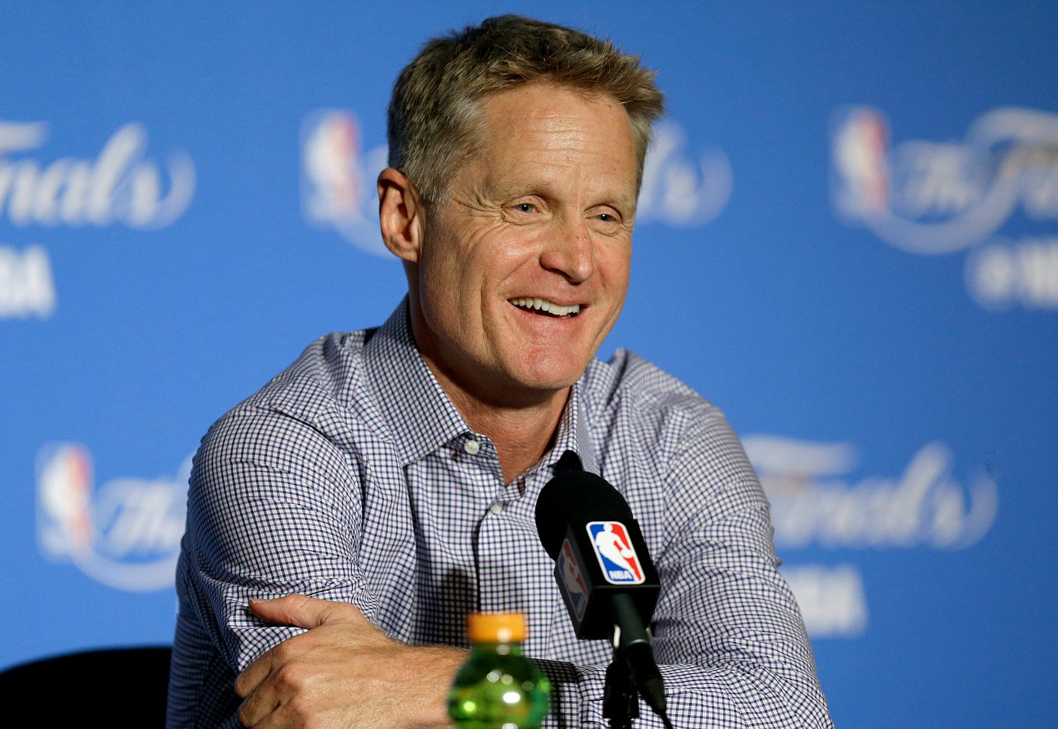 Golden State Warriors head coach Steve Kerr speaks at a news conference after Game 2 of basketball's NBA Finals against the Cleveland Cavaliers in Oakland, Calif., Sunday, June 4, 2017.