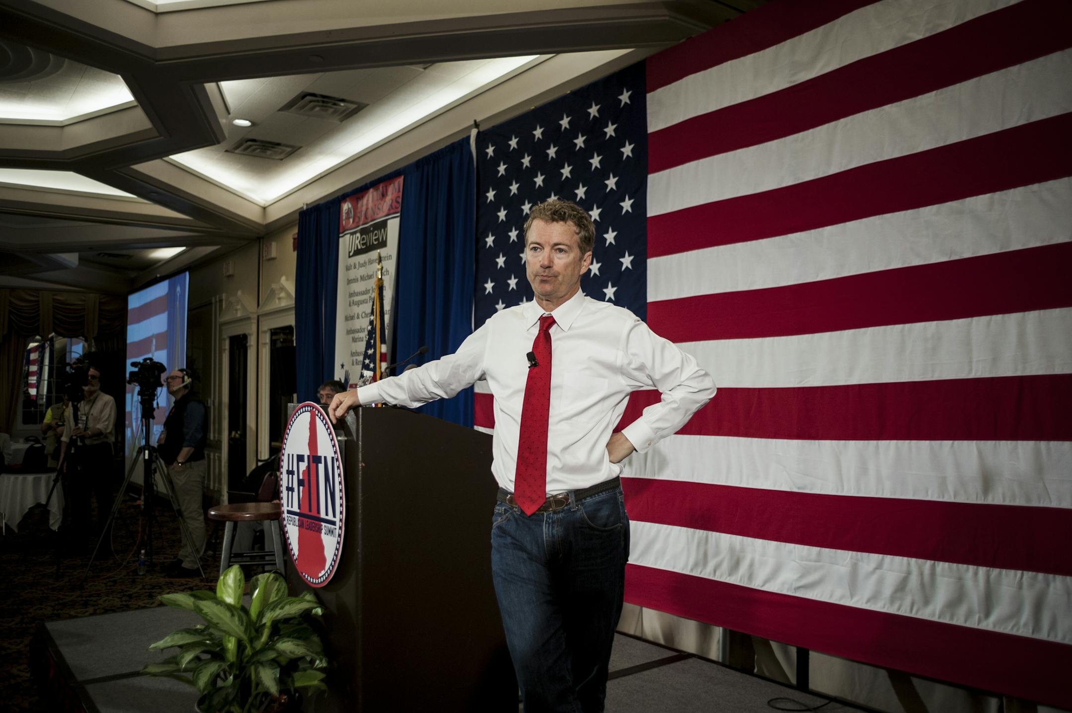 Sen. Rand Paul (R-Ky.) addresses attendees at the First in the Nation Republican Leadership Summit in Nashua, N.H., April 18, 2015. The two-day event drew many GOP presidential hopefuls to New Hampshire. (Ian Thomas Jansen-Lonnquist/The New York Times)