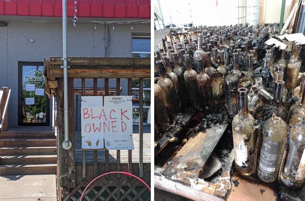 Left: Signs posted outside the Du Nord Craft Spirits cocktail room in south Minneapolis mark it as a black-owned business. Right: Bottles of Du Nord Craft Spirits' award-winning vodka and liqueur were destroyed in the distillery fire.