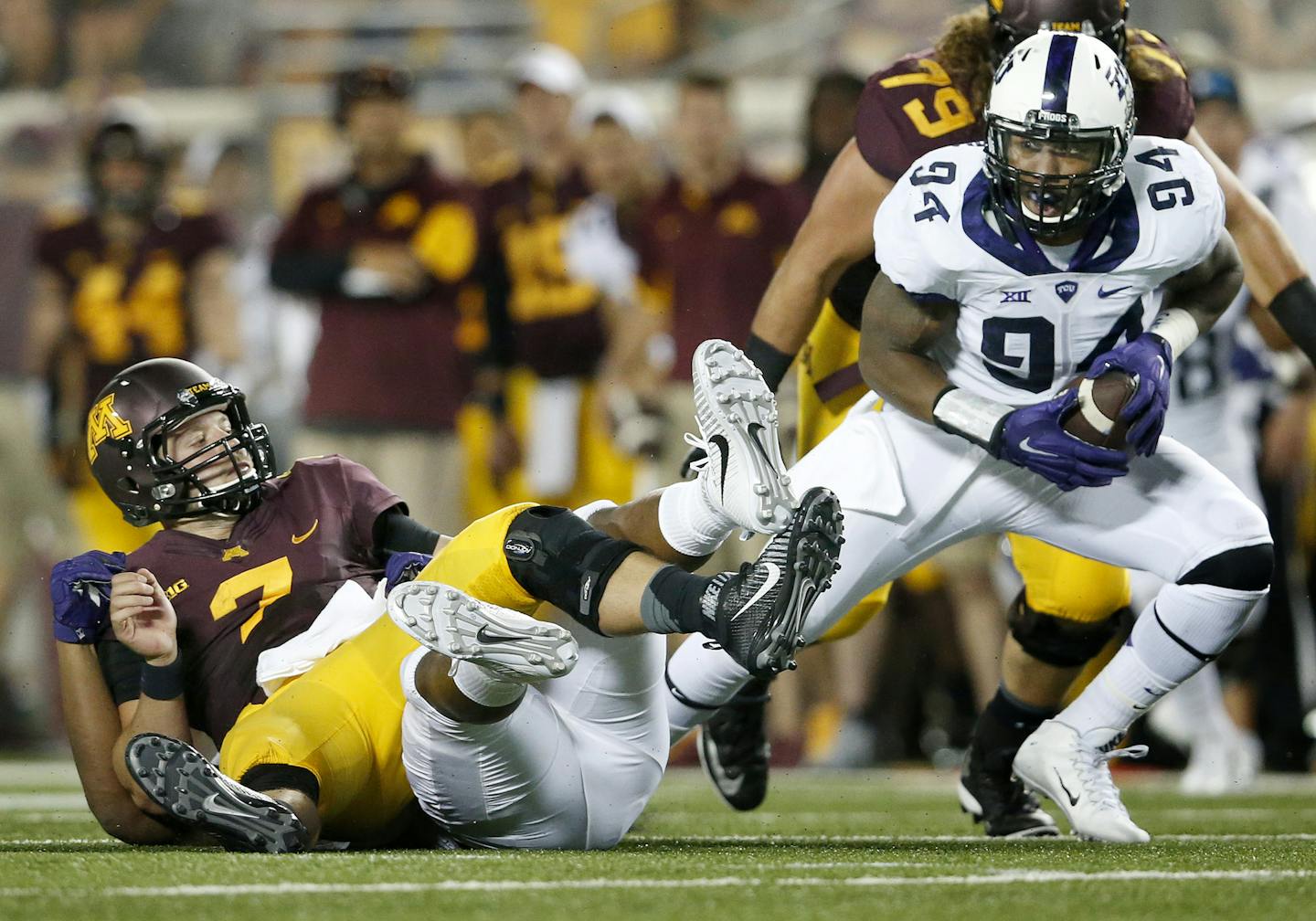 Josh Carraway (94) of TCU recovered a Mitch Leidner (7) fumble in the first quarter. ] CARLOS GONZALEZ cgonzalez@startribune.com - September 3, 2015, Minneapolis, MN, TCF Bank Stadium, NCAA Football, Big 10, University of Minnesota Golden Gophers vs. Texas Christian University TCU Horned Frogs