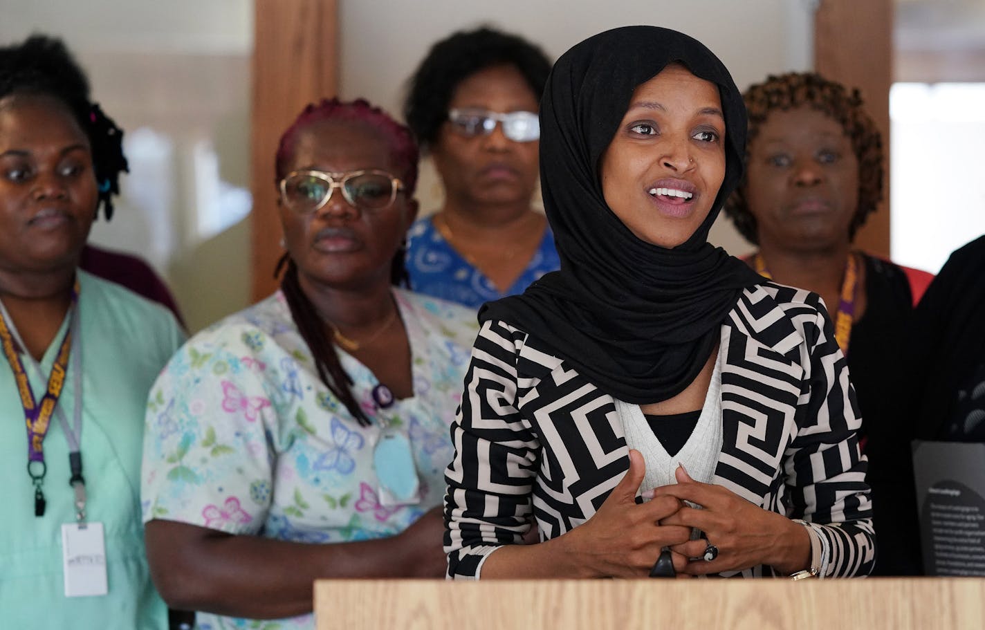 Rep. Ilhan Omar spoke during a press conference on the impacts of the DED cancellation Thursday in New Hope. ] ANTHONY SOUFFLE &#x2022; anthony.souffle@startribune.com Rep. Ilhan Omar toured St. Therese Senior Services of New Hope to meet with DED holders, residents, and clinic staff about the imminent expiration of DED status and held a press conference on the impacts of the DED cancellation Thursday, March 21, 2019 in New Hope, Minn.