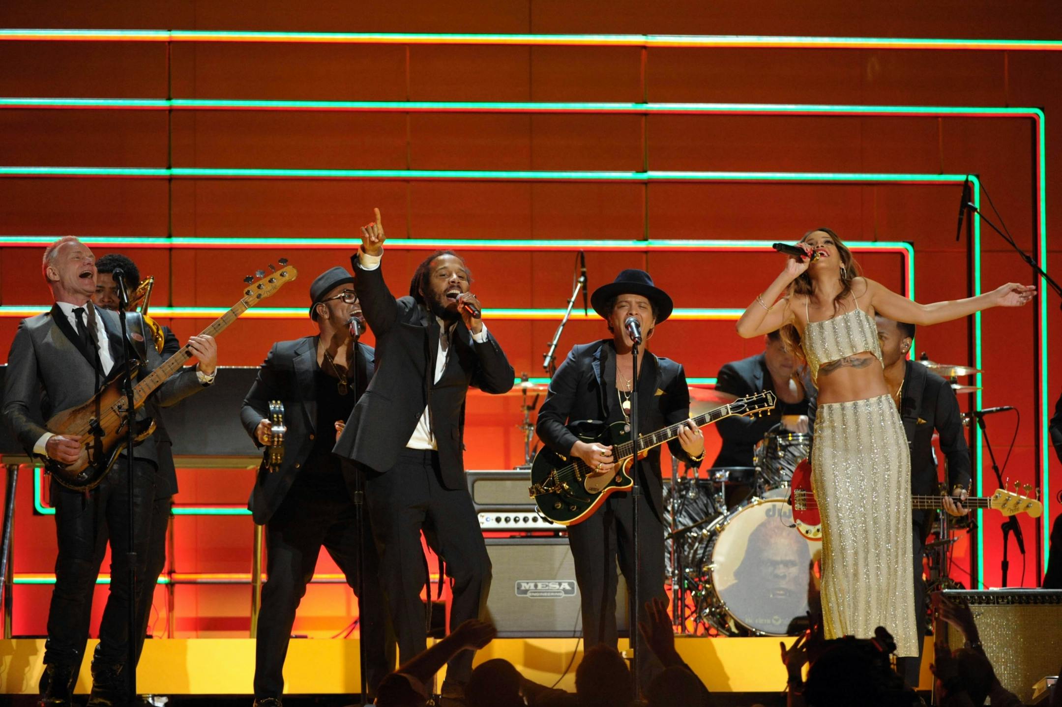 Recording artists Sting, Ziggy Marley, Bruno Mars and Rihanna at the 55th annual Grammy Awards on Sunday, Feb. 10, 2013, in Los Angeles.