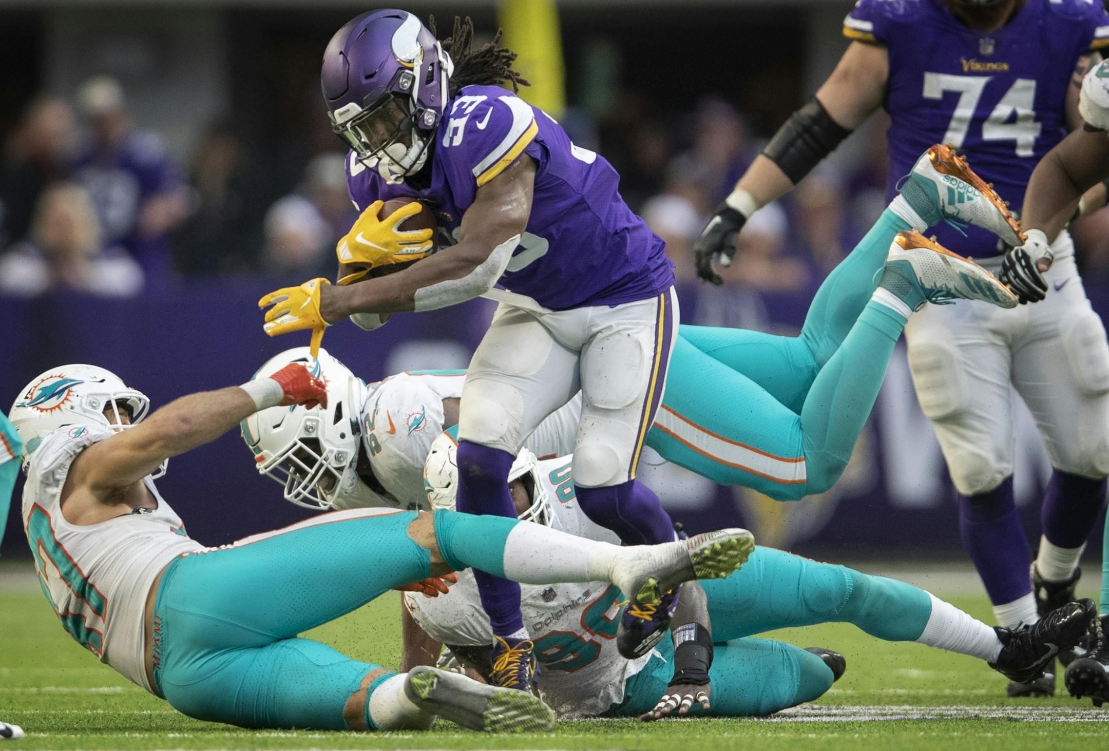 Minnesota Vikings running back Dalvin Cook (33) picked up a first down in the forth quarter at U.S. Bank Stadium Sunday December 16, 2018 in Minneapolis, MN.