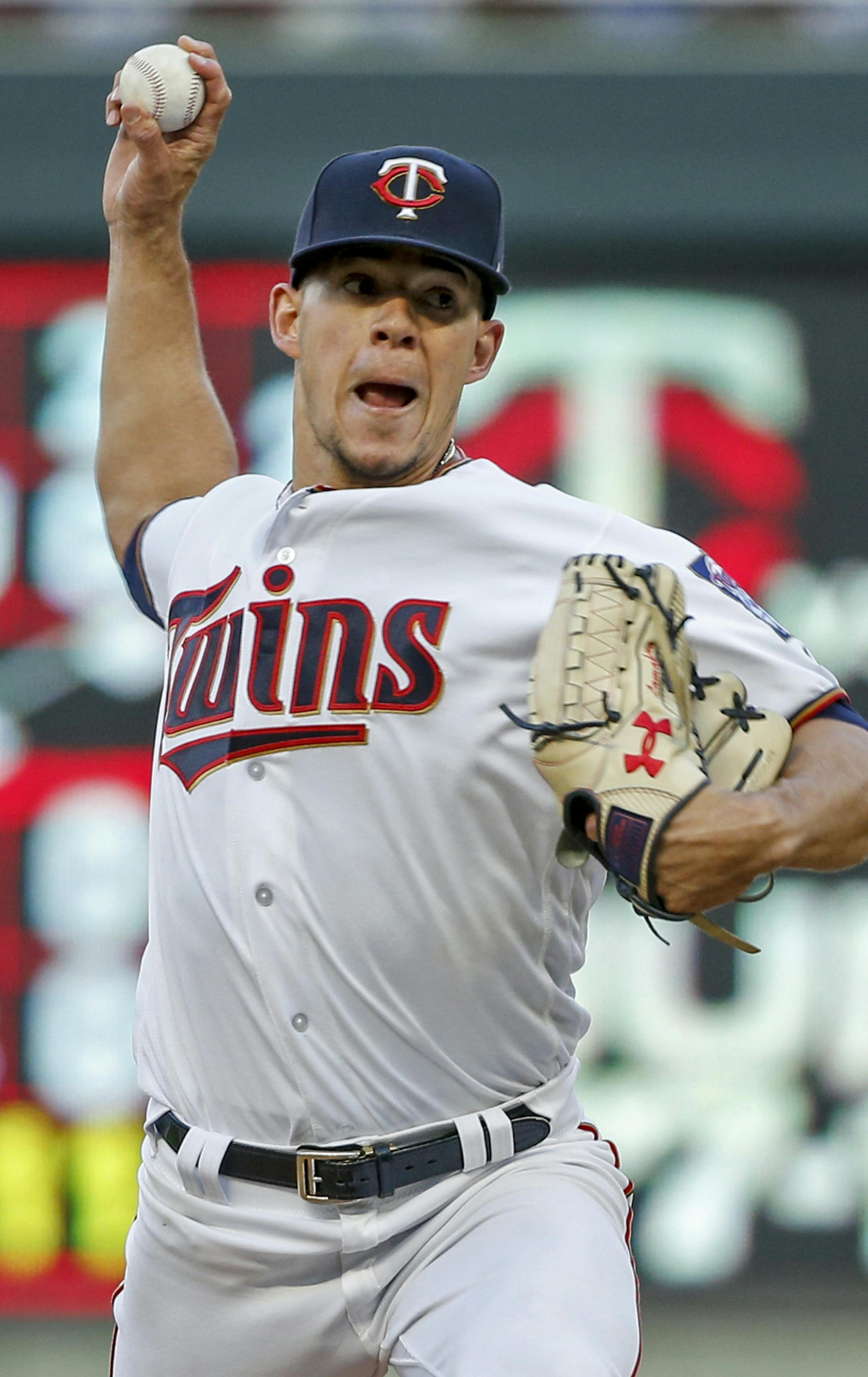 Minnesota Twins pitcher Jose Berrios throws to a Seattle Mariners batter during the second inning of a baseball game Wednesday, June 12, 2019, in Minneapolis. (AP Photo/Bruce Kluckhohn)