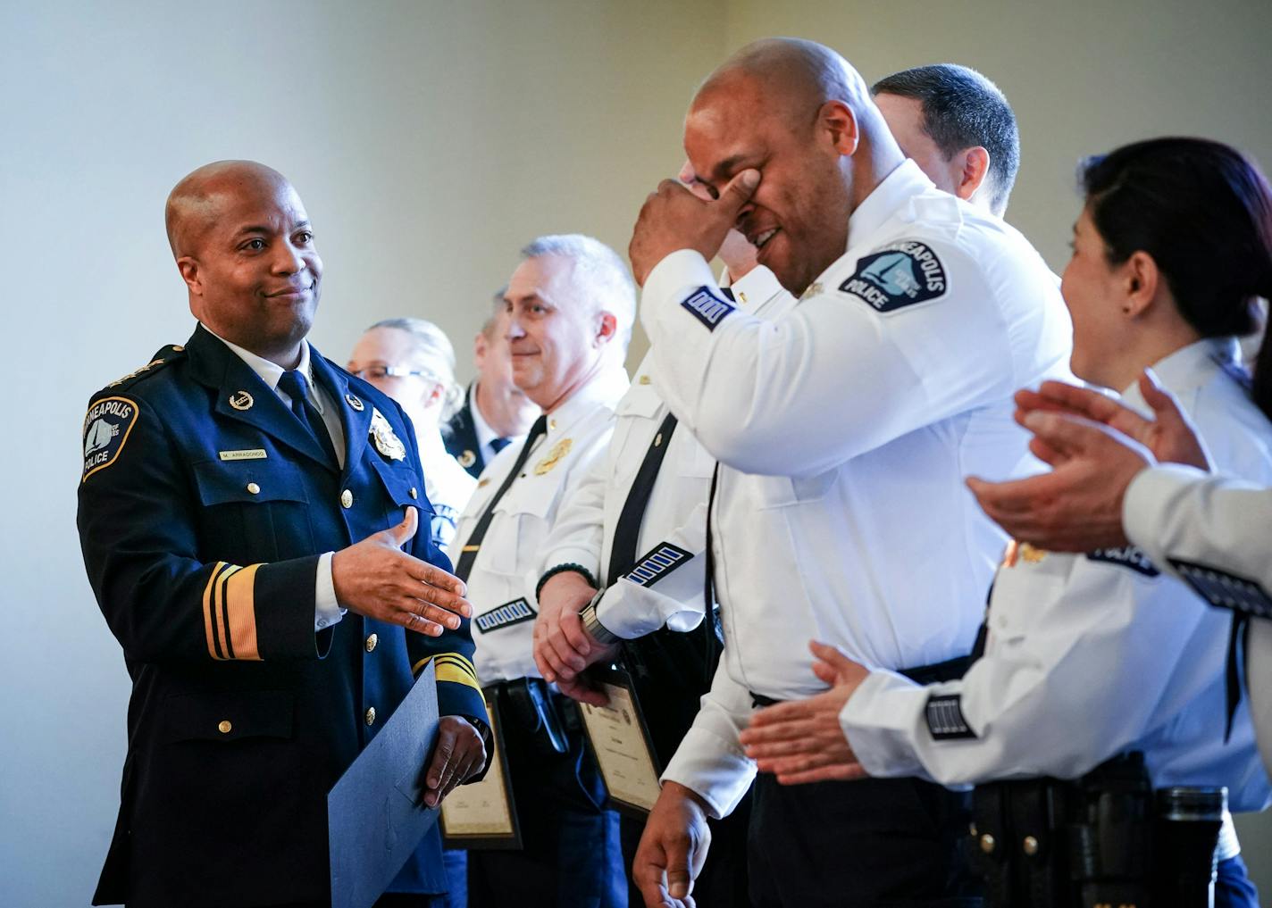 Lieutenant Mark Montgomery wiped away a couple of tears as Chief Medaria Arradondo read his name. ] GLEN STUBBE &#x2022; glen.stubbe@startribune.com Tuesday, April 17, 2018 The 2018 Minneapolis Police Promotional Ceremony where Chief Medaria Arradondo presided over the swearing in of one new inspector, eight lieutenants and sixteen new sergeants.