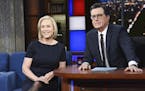This image released by CBS shows Sen. Kirsten Gillibrand, D- N.Y. with host Stephen Colbert during a taping of "The Late Show With Stephen Colbert," T
