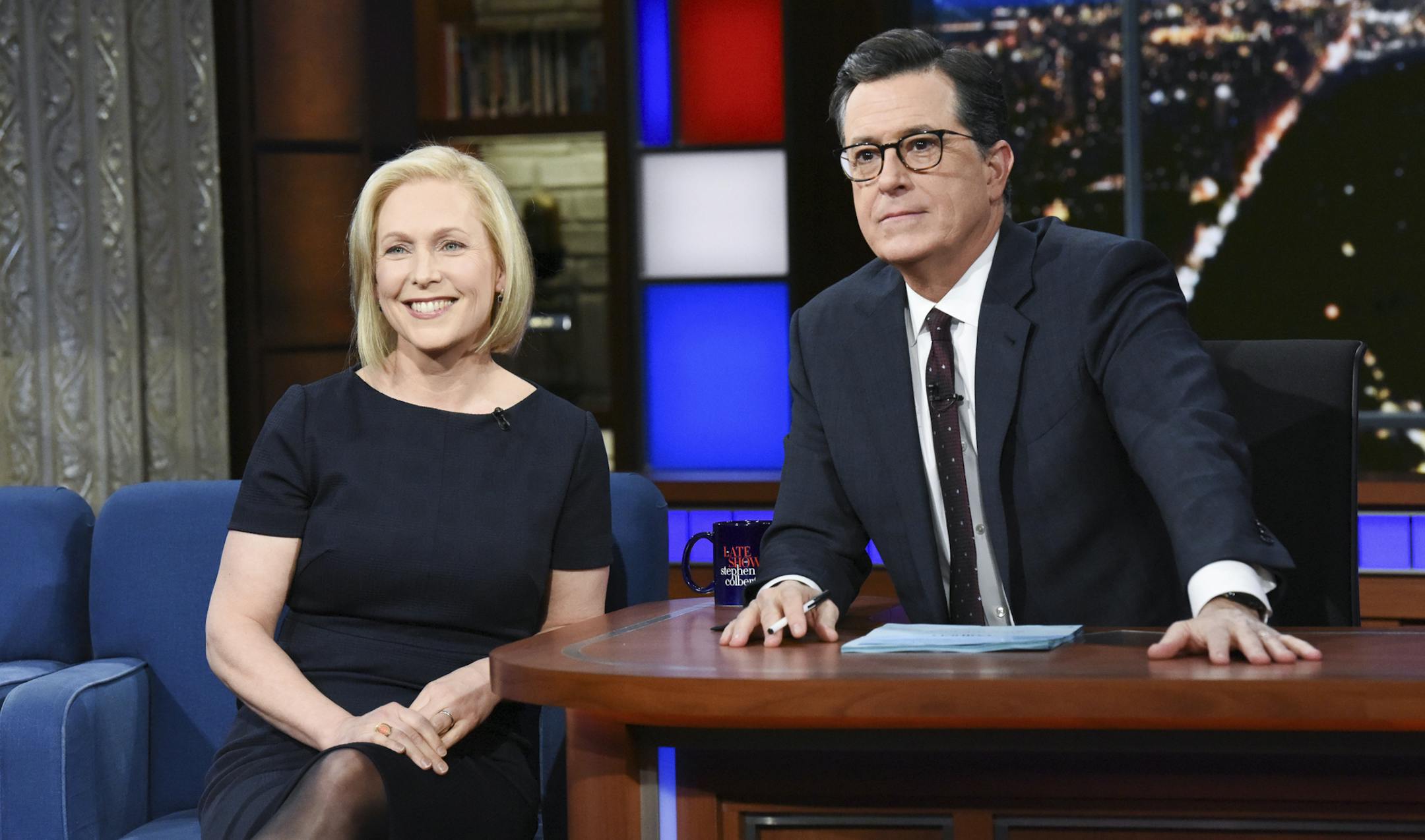 This image released by CBS shows Sen. Kirsten Gillibrand, D- N.Y. with host Stephen Colbert during a taping of "The Late Show With Stephen Colbert," Tuesday, Jan. 15, 2019 in New York. The New York Democrat announced that she is forming an exploratory committee to run for President in 2020. (Scott Kowalchyk/CBS via AP)