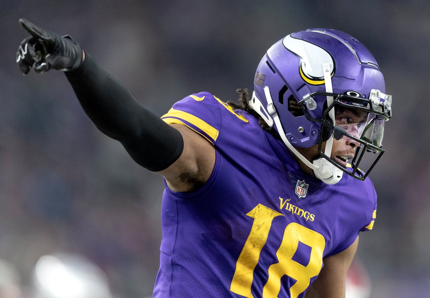 Justin Jefferson (18) of the Minnesota Vikings reacts after a first down catch in the second quarter Thursday, November 24, 2022, at U.S. Bank Stadium in Minneapolis, Minn. ] CARLOS GONZALEZ • carlos.gonzalez@startribune.com.