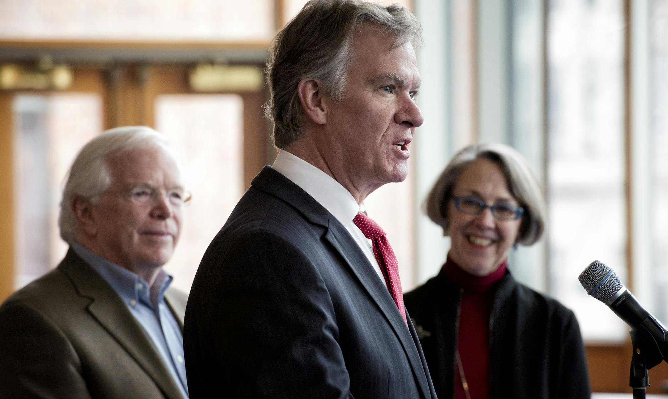 St. Paul Mayor Chris Coleman along with SPCO chairman Dobson West and Ordway president and CEO Patricia Mitchell announced a tentative end to the SPCO lockout Wednesday, April 10, 2013 at a press conference held at the Ordway Center for the Performing Arts in St. Paul. ] GLEN STUBBE * gstubbe@startribune.com